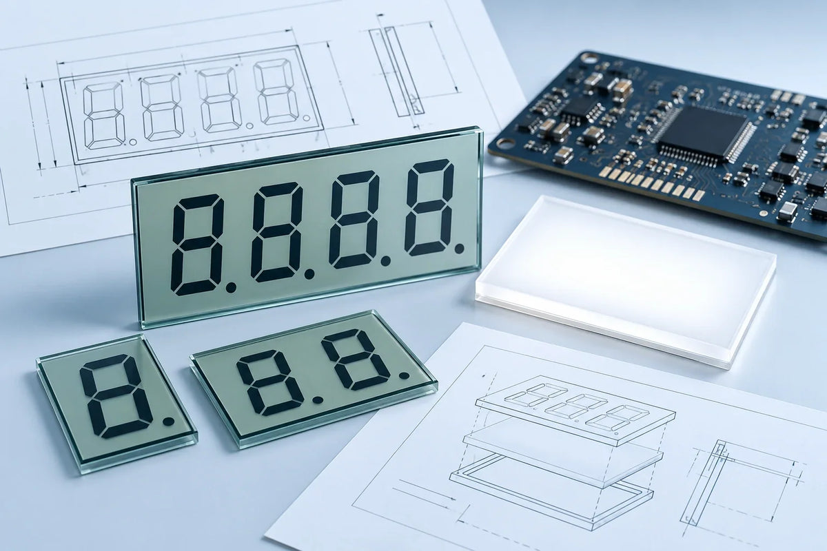 Concept illustration of segment LCD glass, a circuit board, backlight diffuser and engineering drawings