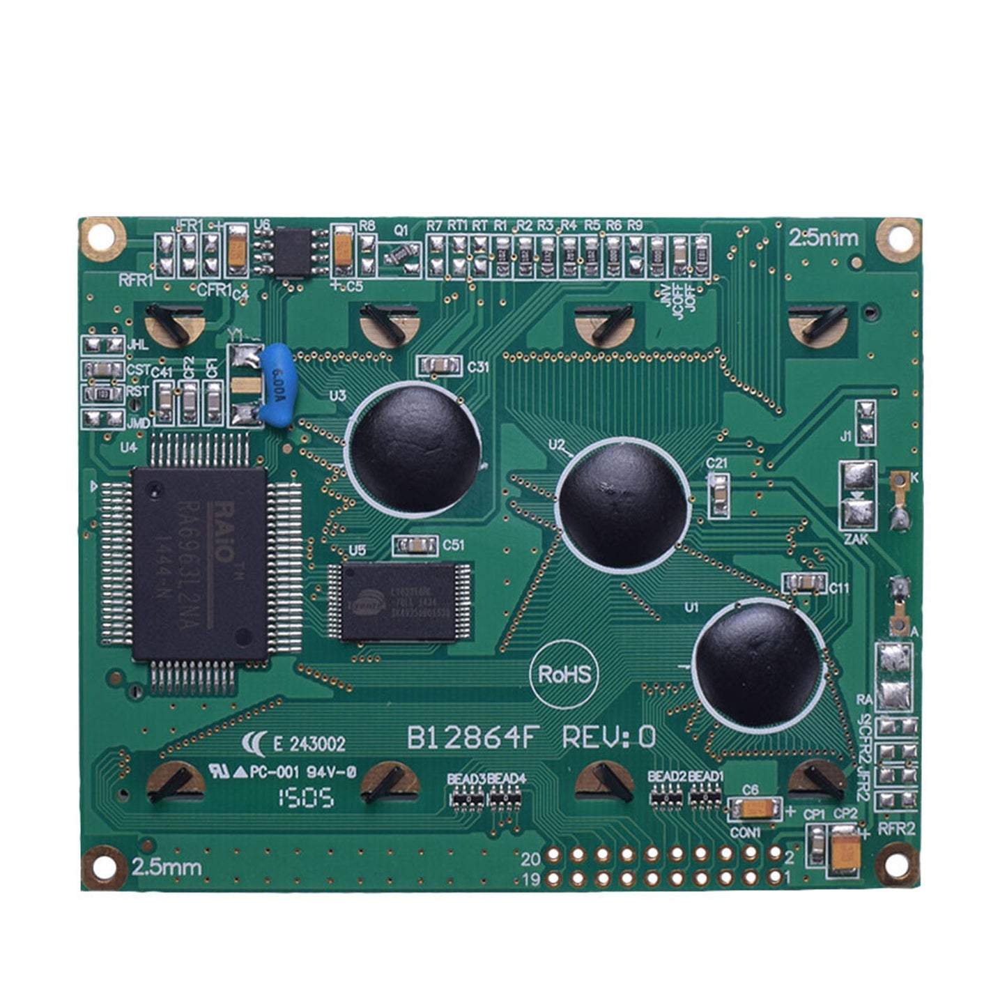 back of Monochrome 128x64 LCD 3.24 inch graphic display module with MCU interface