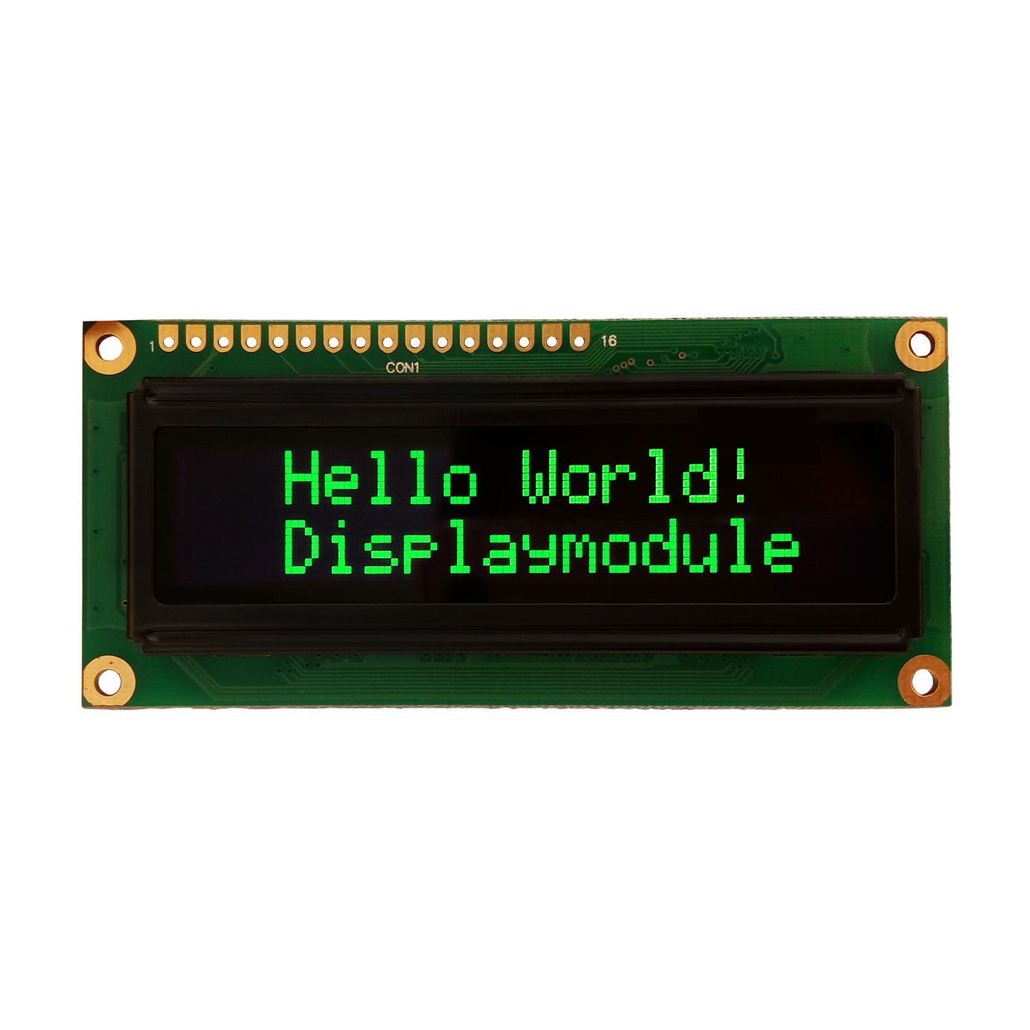 16x2 green OLED character display module showing "Hello World! Displaymodule" with MCU, SPI, and I2C interfaces
