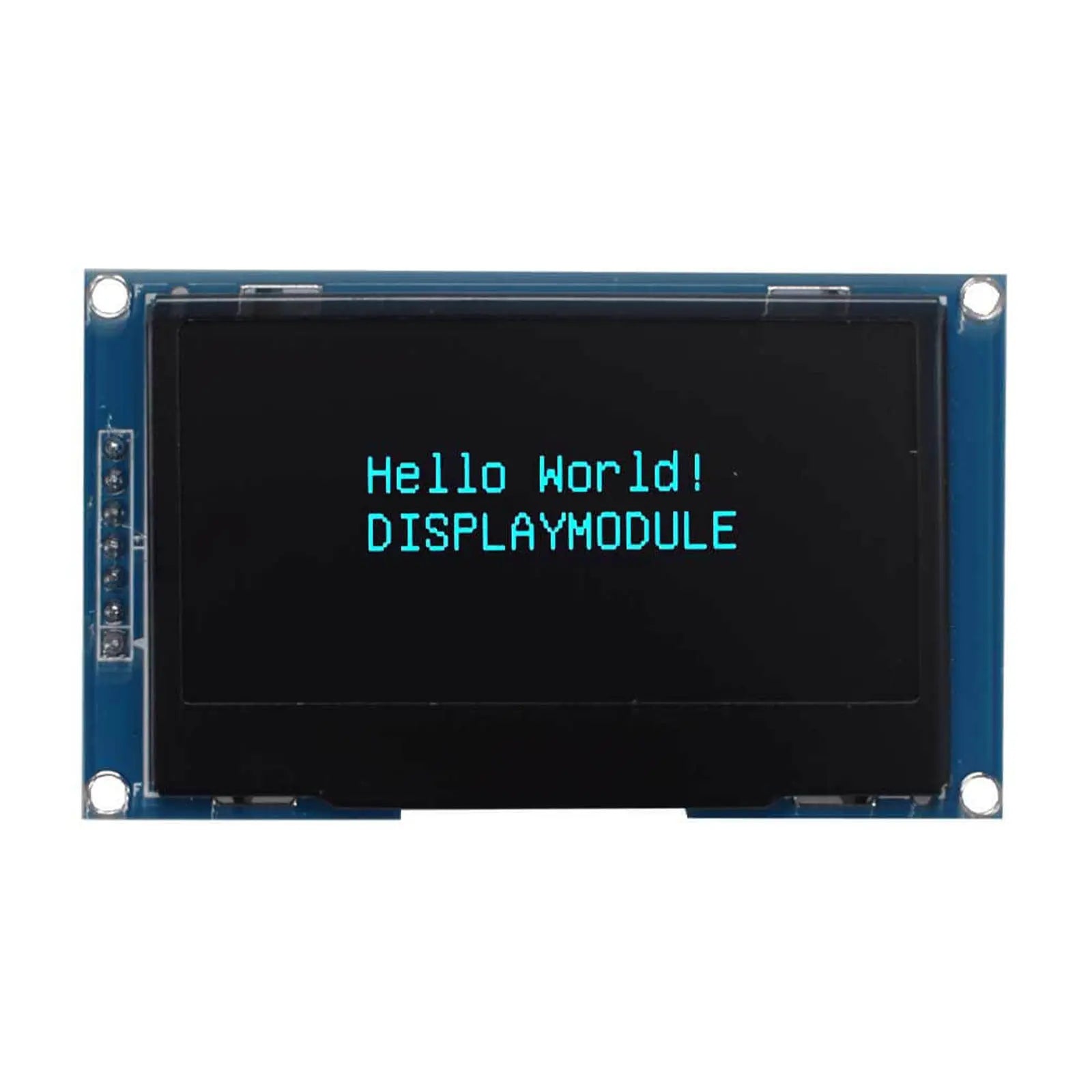 2.4-inch OLED display screen showing the blue characters 'Hello World! DISPLAYMODULE'
