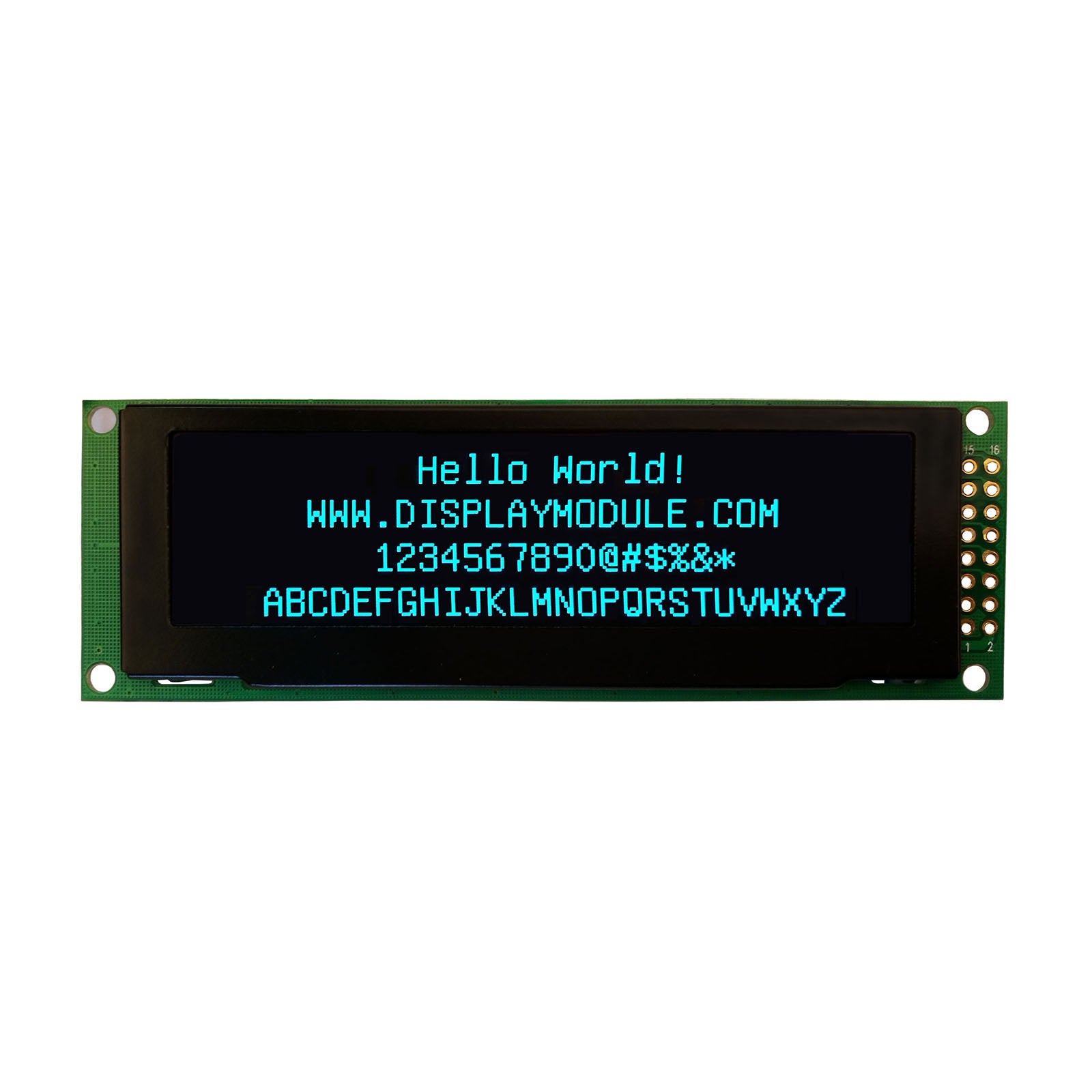 3.2 inch 256x64 blue OLED screen displaying the text 'Hello World!'