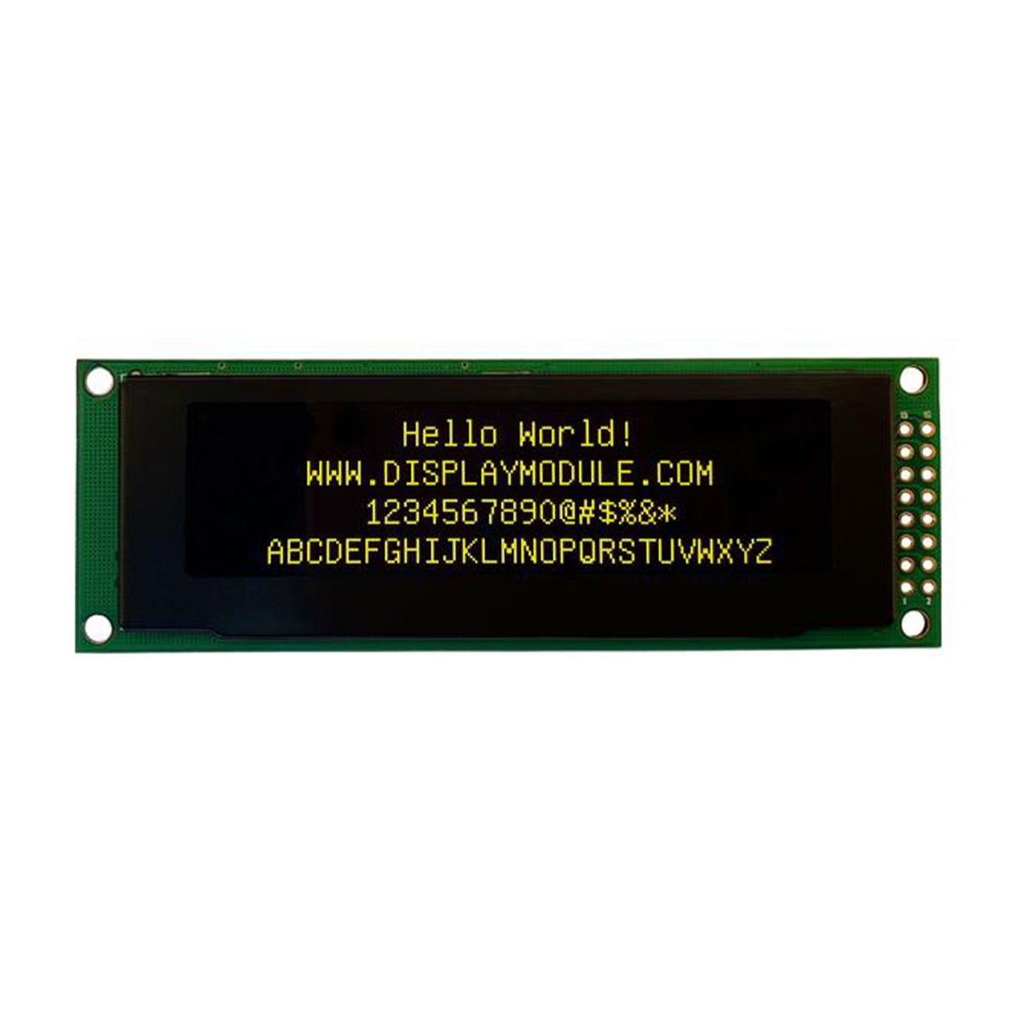 3.2 inch 256x64 yellow OLED screen displaying the text 'Hello World!'