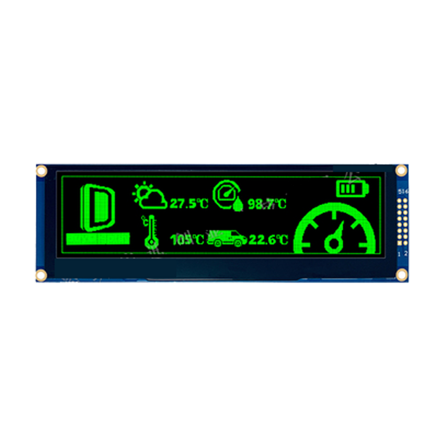 5.5-inch green OLED graphic display module with 256x64 resolution, connected via SPI