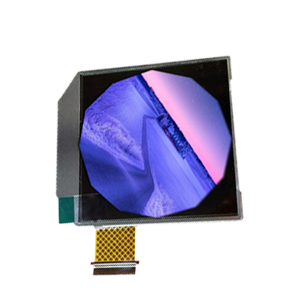 On a screen with a rectangular outer frame and a circular display area, there is an image of a road in the snow