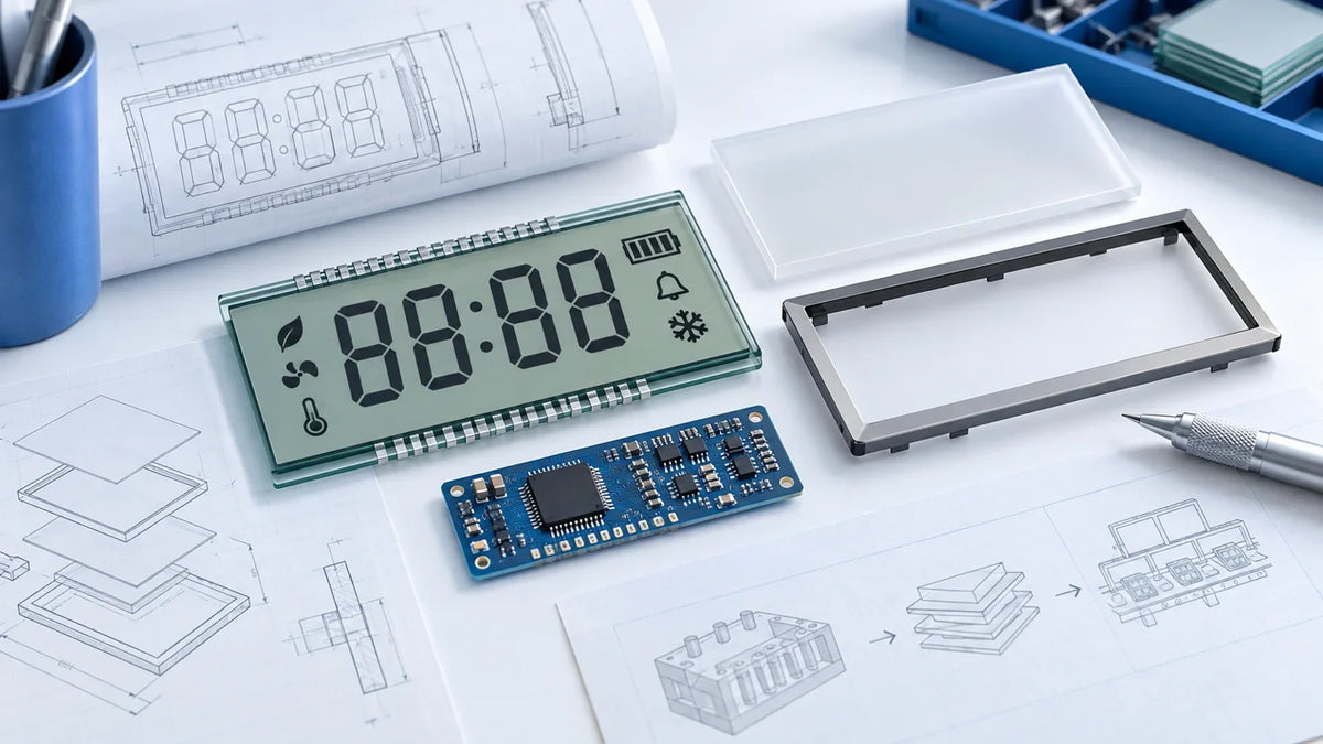 Concept illustration of custom segment LCD components and engineering drawings