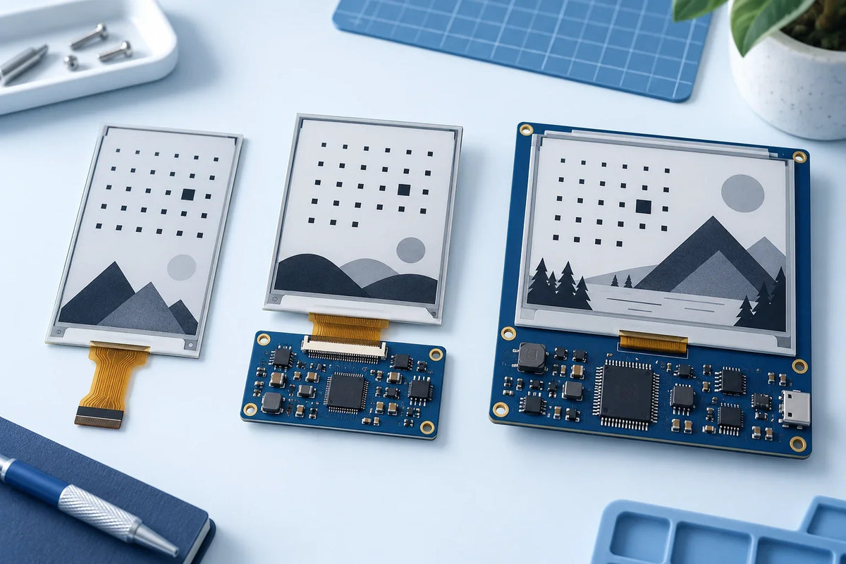 Concept illustration of an e-paper panel, a panel with driver board, and a development kit