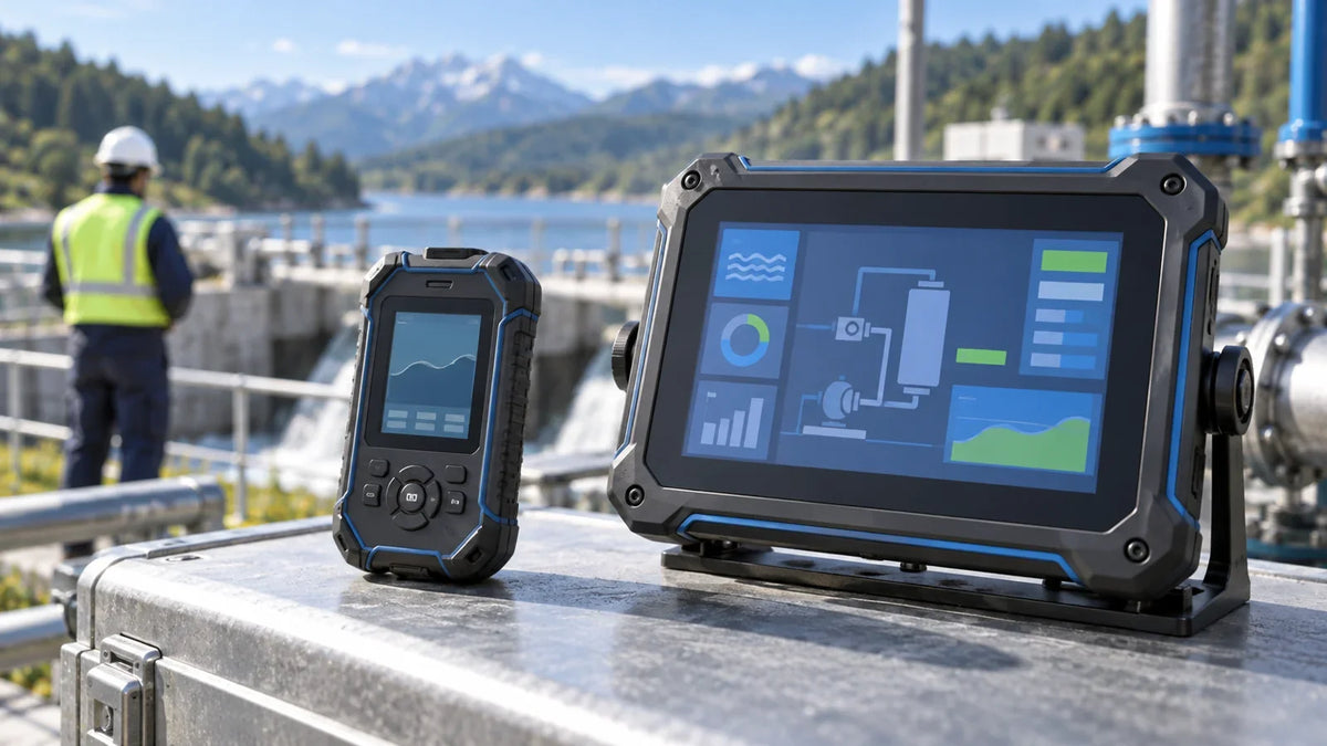 Concept illustration of a rugged handheld display and industrial color panel in an outdoor equipment setting