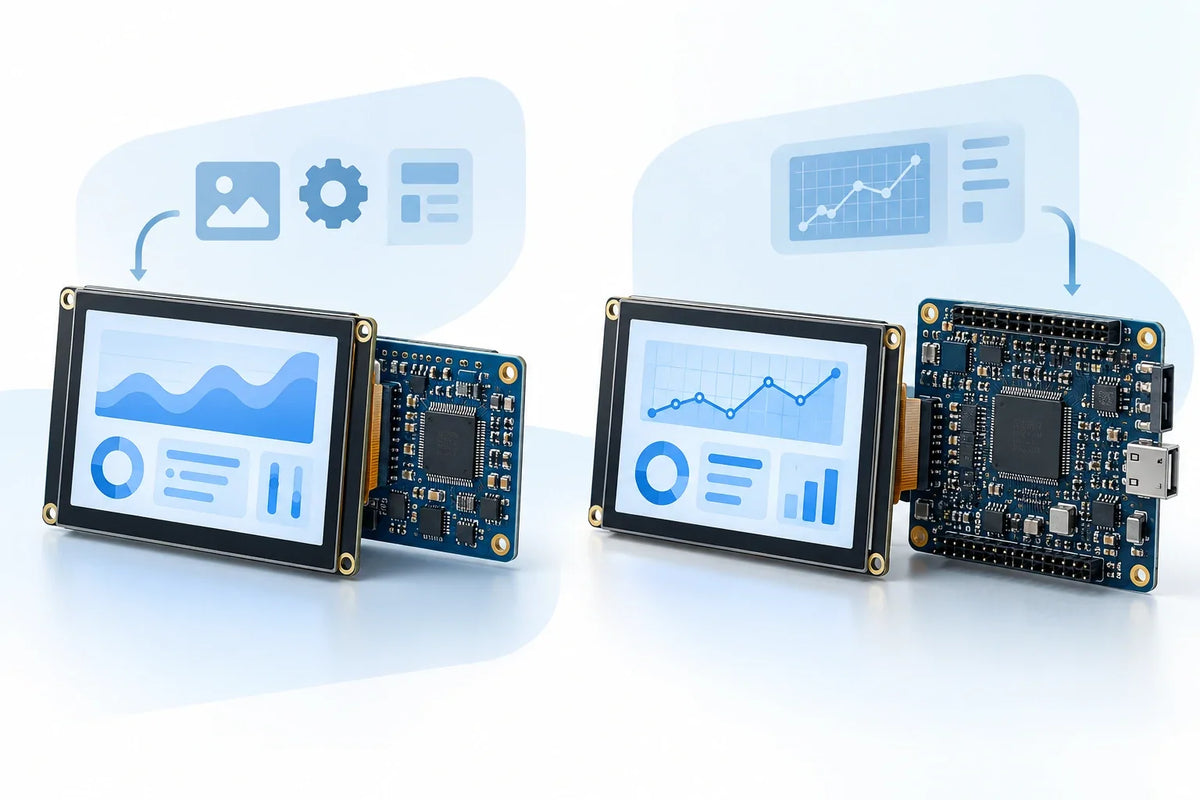 Concept illustration of embedded GUI displays and controller boards, not a specific product or wiring diagram