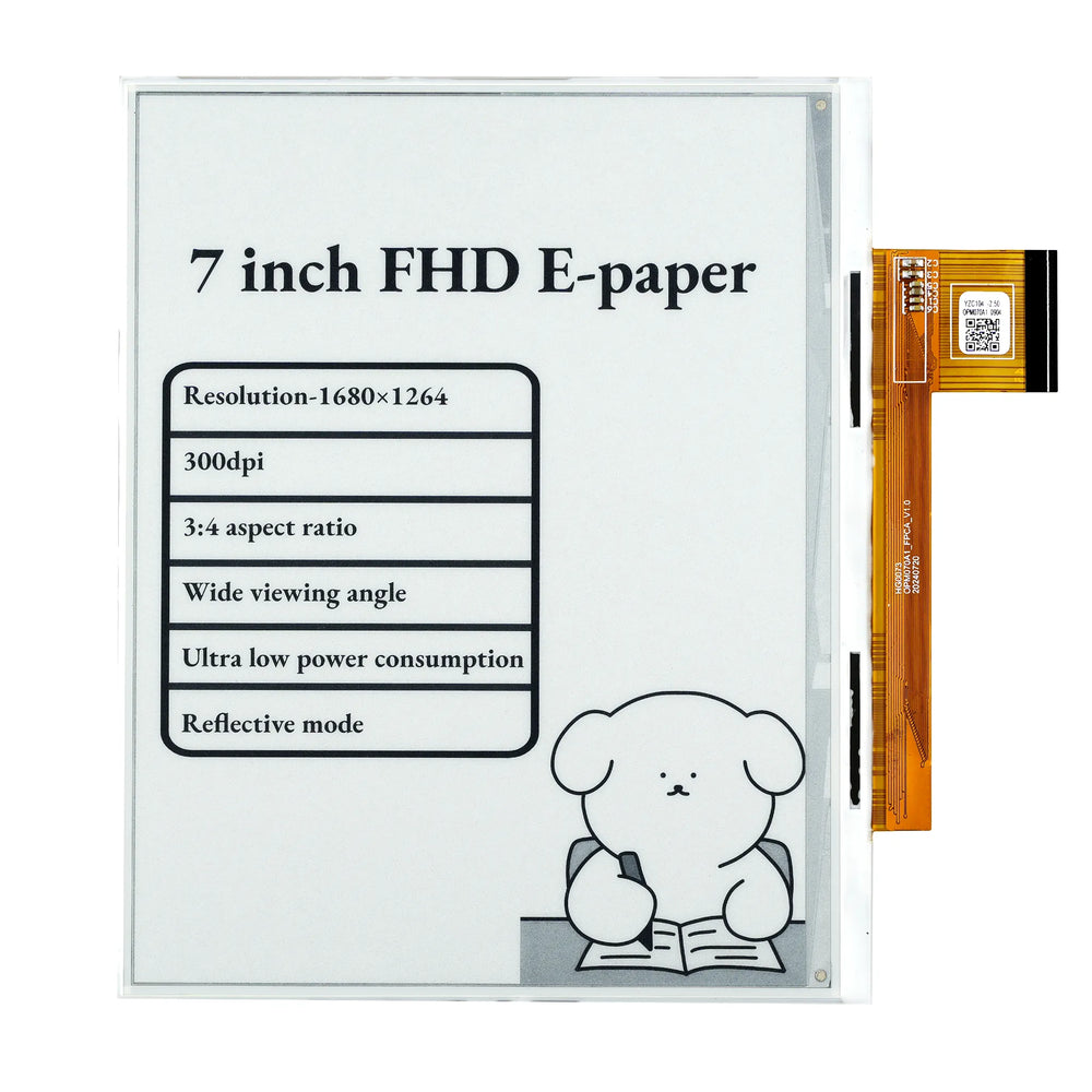 7-inch monochrome e-paper panel showing a specification table, a line drawing, and an exposed ribbon cable