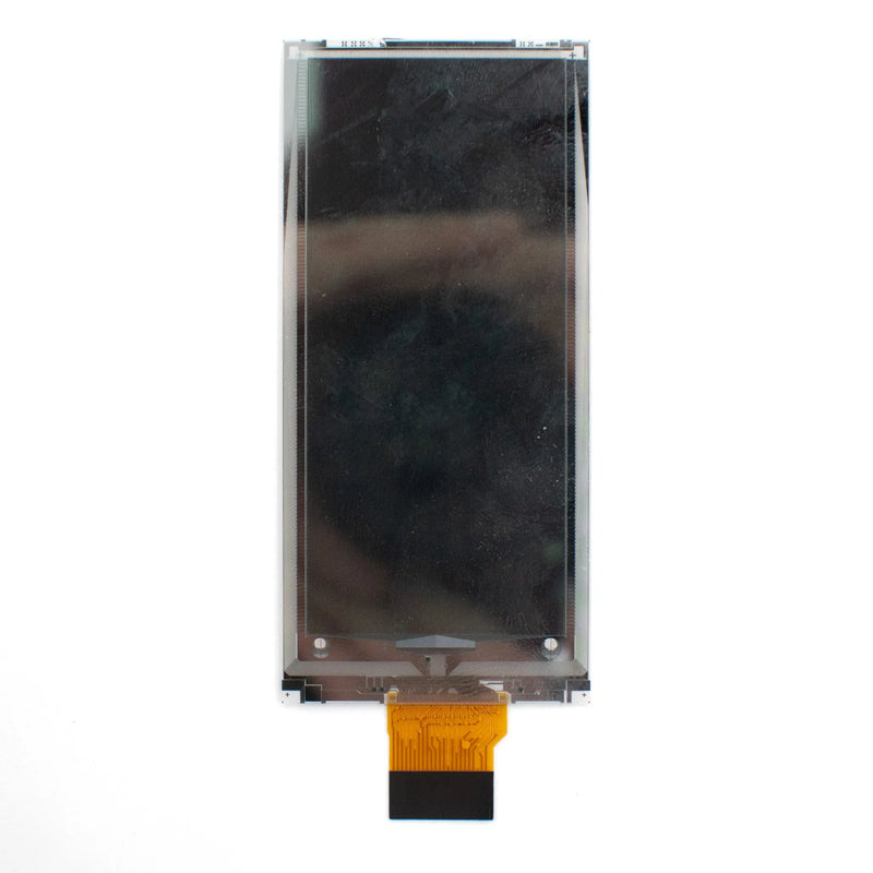 Rear of the DMAYE0290X5NA e-paper panel showing its backing and the reverse side of the FPC ribbon