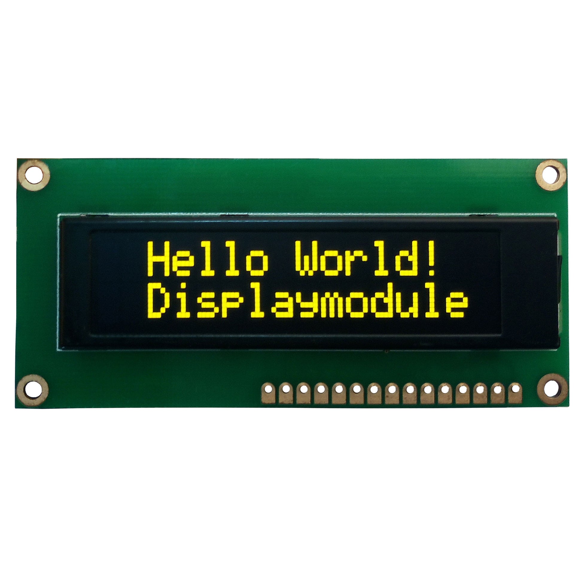 16x2 yellow character OLED display with MCU, SPI, and I2C interfaces