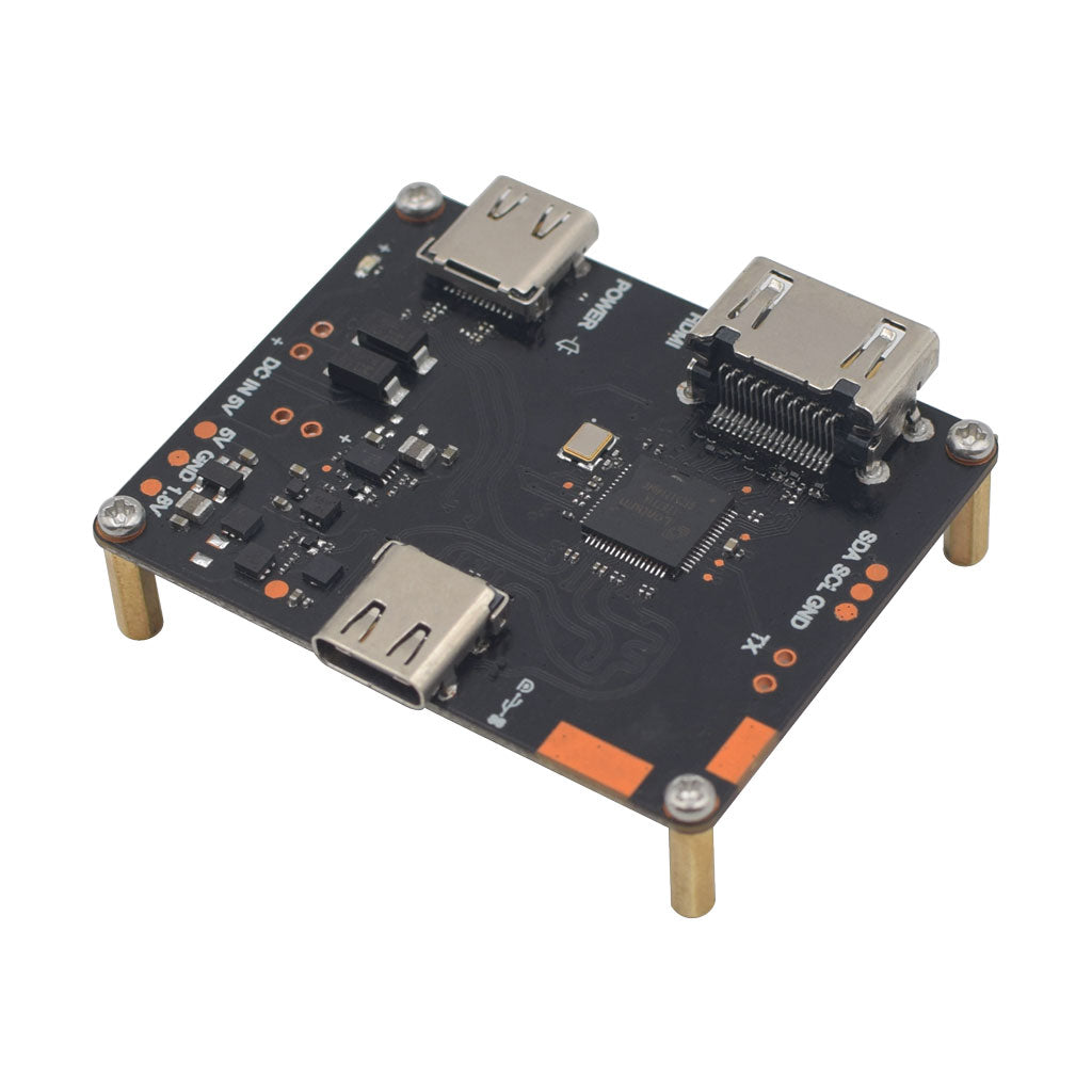 top view of adapter converting HDMI input to Type-C output with DisplayPort and Power Delivery functions