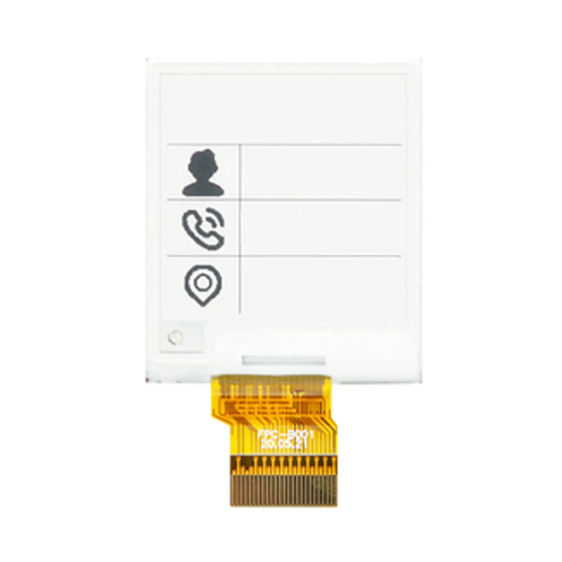 DM-EPD154-012 e-paper panel displaying contact icons, with its gold ribbon cable extending below the screen