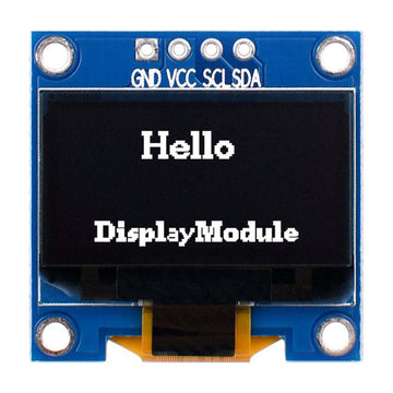 0.96-inch 128x64 OLED graphic display showing the characters "Hello DisplayModule"