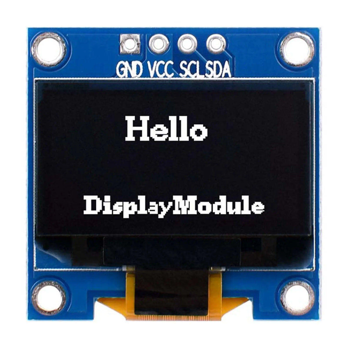 DisplayModule 0.96-inch 128 by 64 graphic OLED module with I2C interface on a white background