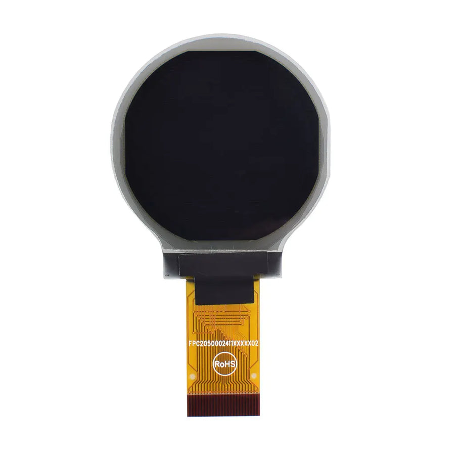 DisplayModule 1.18-inch round 128 by 128 monochrome graphic OLED module on a white background
