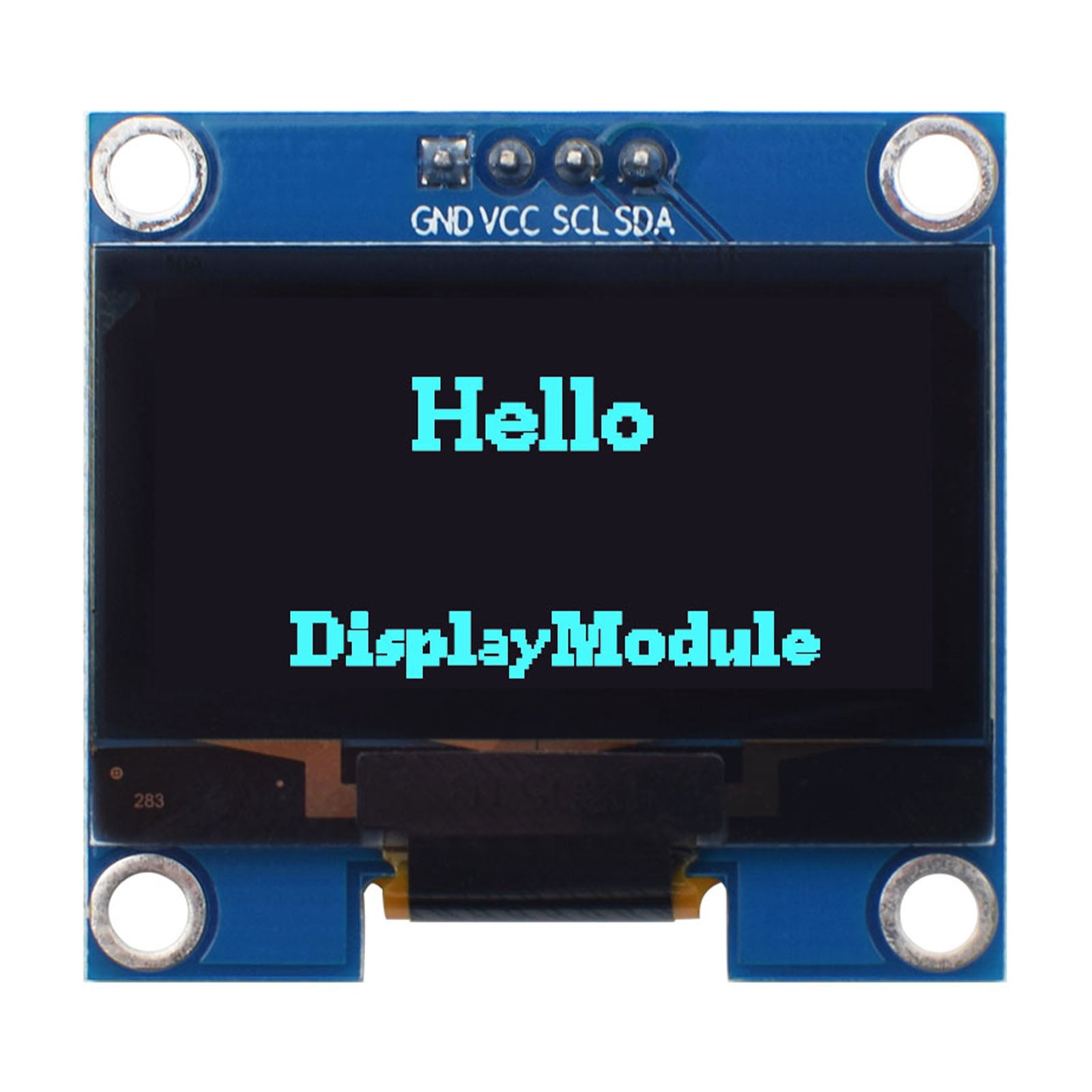 1.3-inch blue OLED graphic display module showing 'hello displaymodule'
