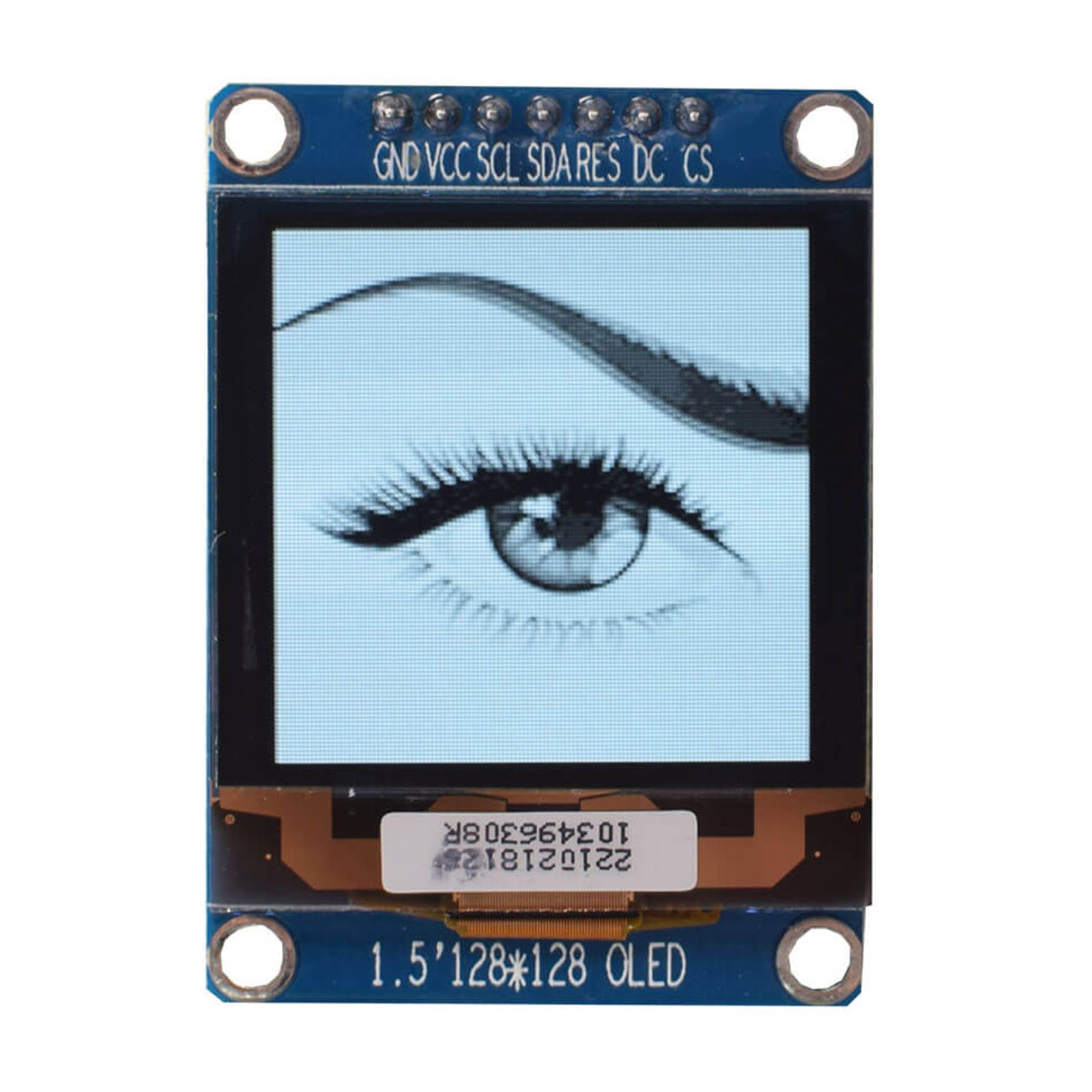 1.5-inch OLED graphic display module with a 128x128 resolution showing a woman's eyes
