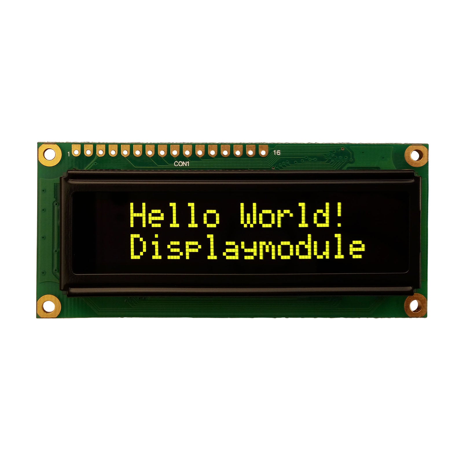 16x2 yellow OLED character display module showing "Hello World! Displaymodule" with MCU, SPI, and I2C interfaces