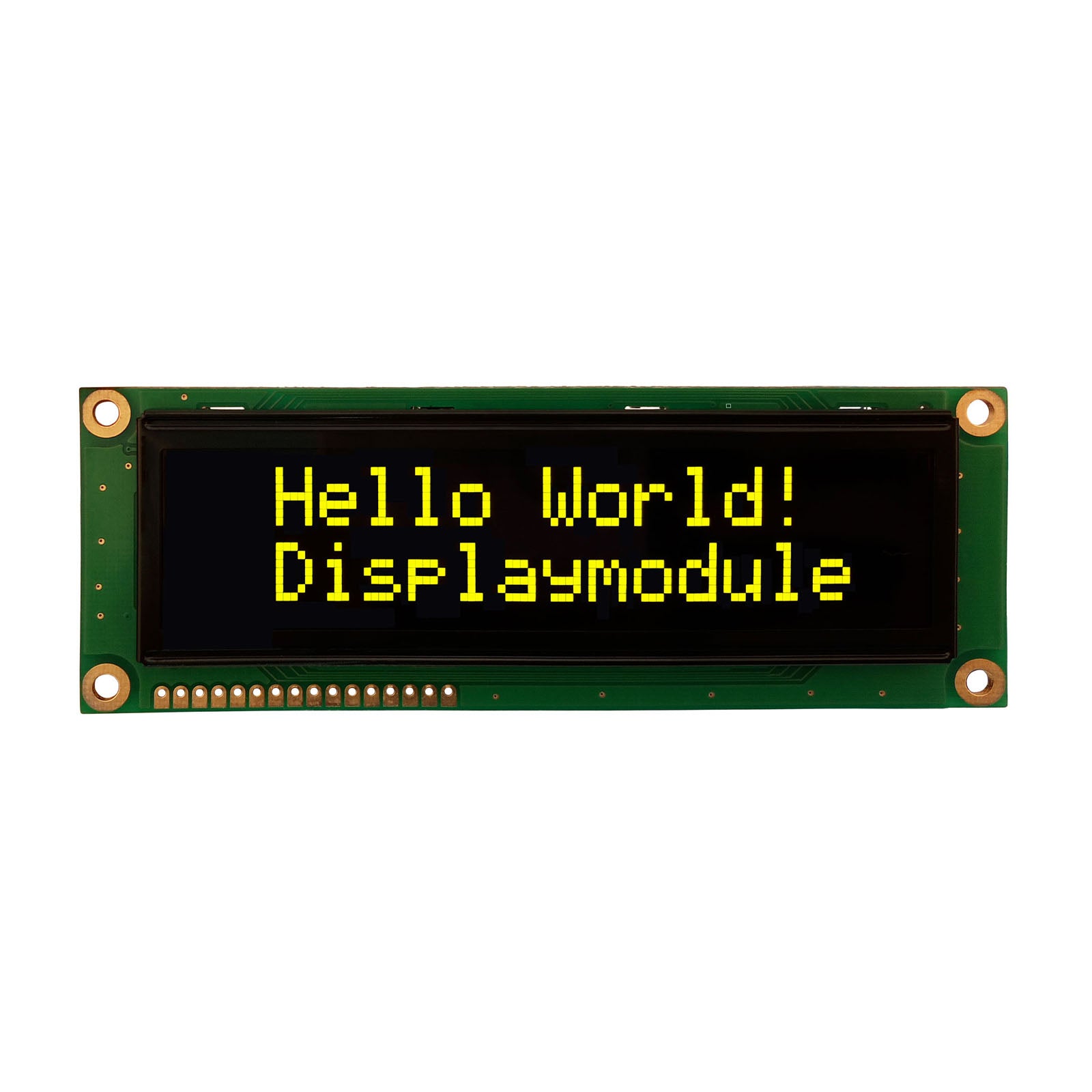 16x2 yellow character OLED display screen showing 'hello world! displaymodule', with MCU, SPI, and I2C interfaces