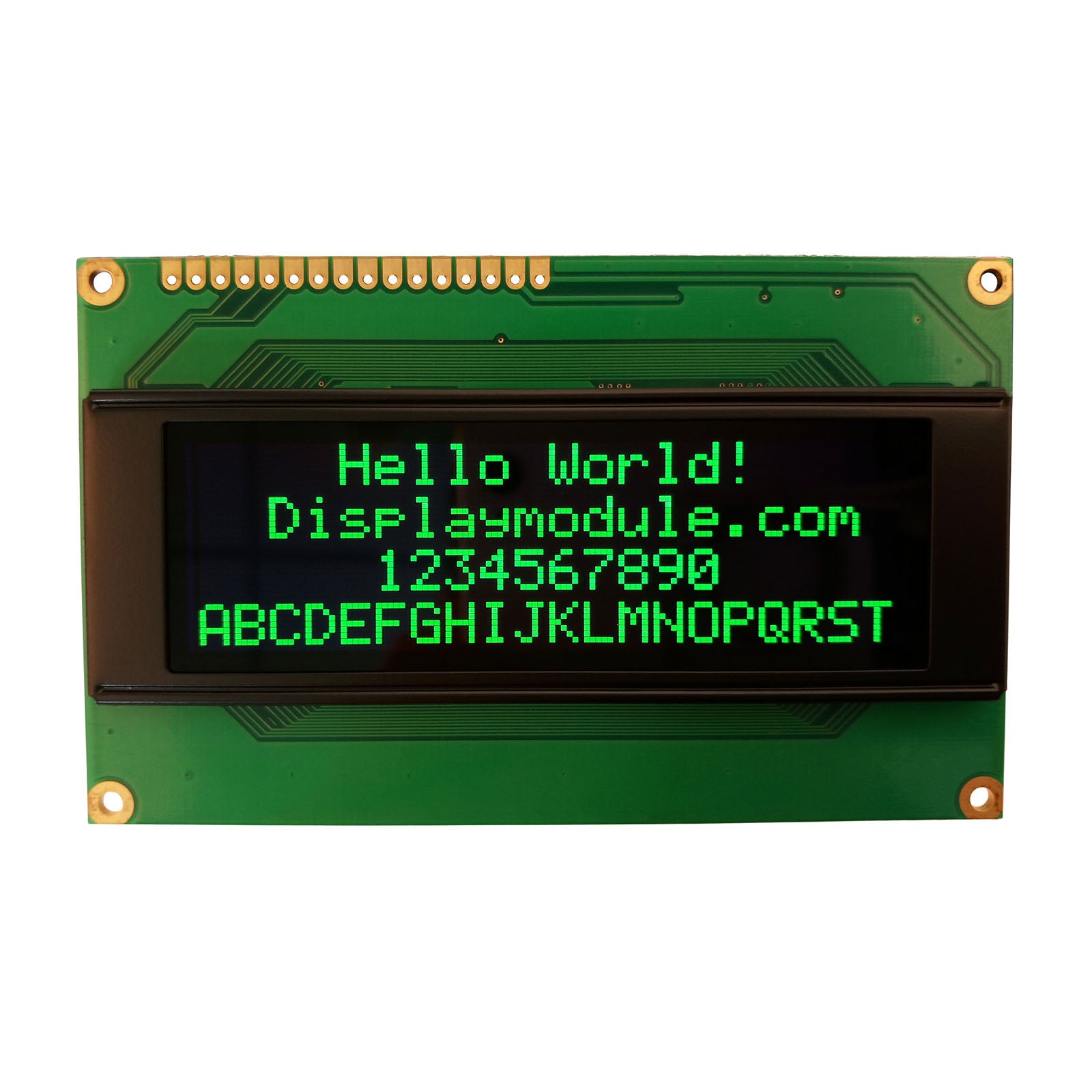 20x4 Character Monochrome OLED display module showing "Hello World!" with MCU, SPI, and I2C interfaces