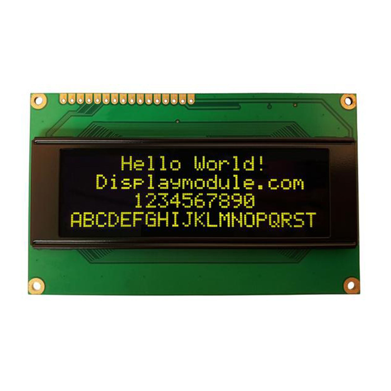 Yellow 20x4 Character Monochrome OLED display module with MCU, SPI, and I2C interfaces