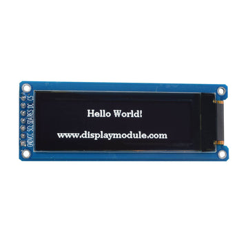 2.08 inch 256x64 monochrome OLED graphic display module showing "Hello World! www.displaymodule.com" with SPI interface
