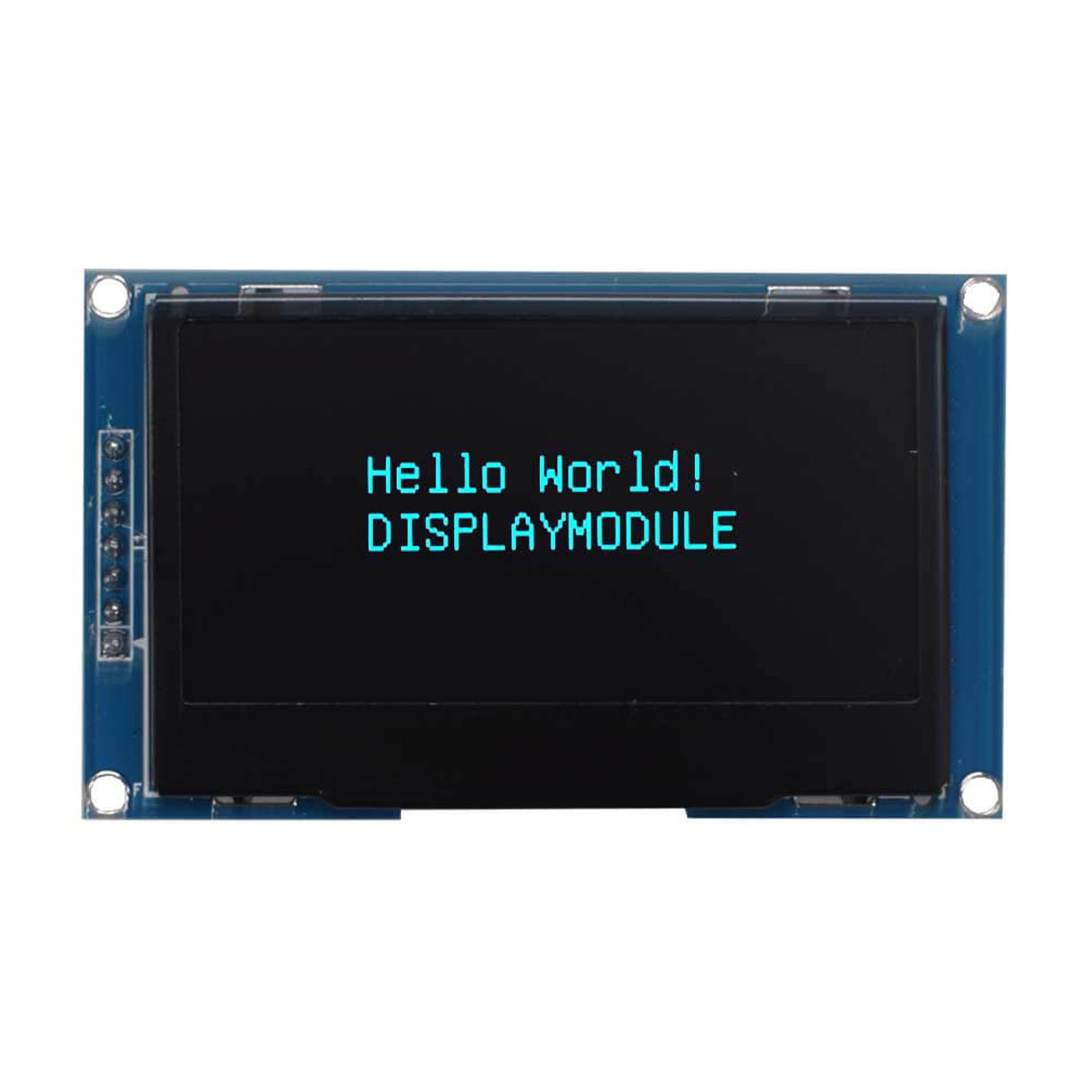 2.4-inch OLED display screen showing the blue characters 'Hello World! DISPLAYMODULE'