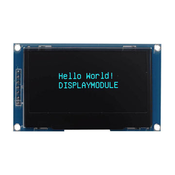 2.4-inch OLED display screen showing the blue characters 'Hello World! DISPLAYMODULE'