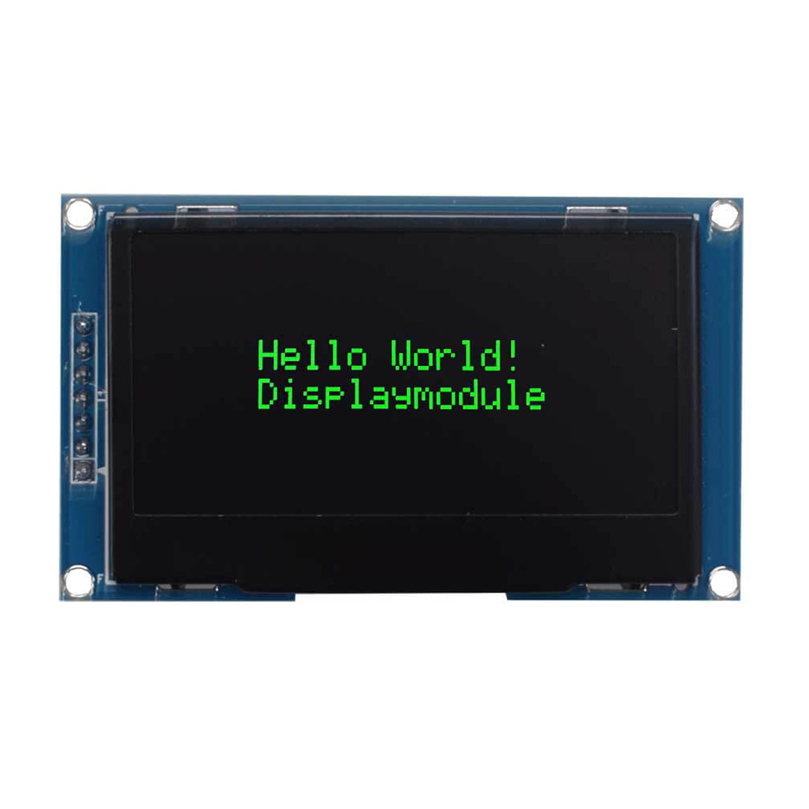 2.4-inch OLED display screen showing the green characters 'Hello World! DISPLAYMODULE'