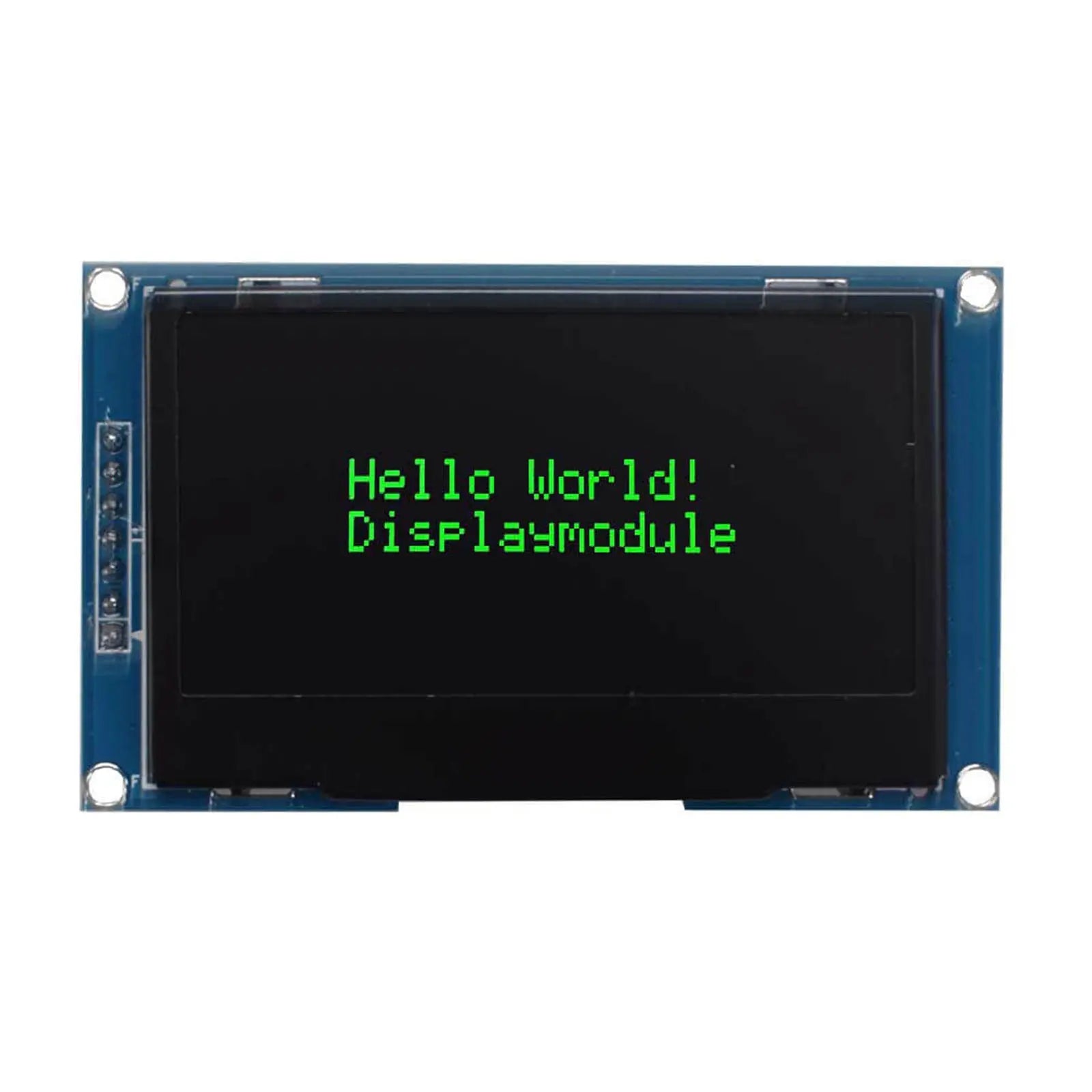 2.4-inch OLED display screen showing the green characters 'Hello World! DISPLAYMODULE'