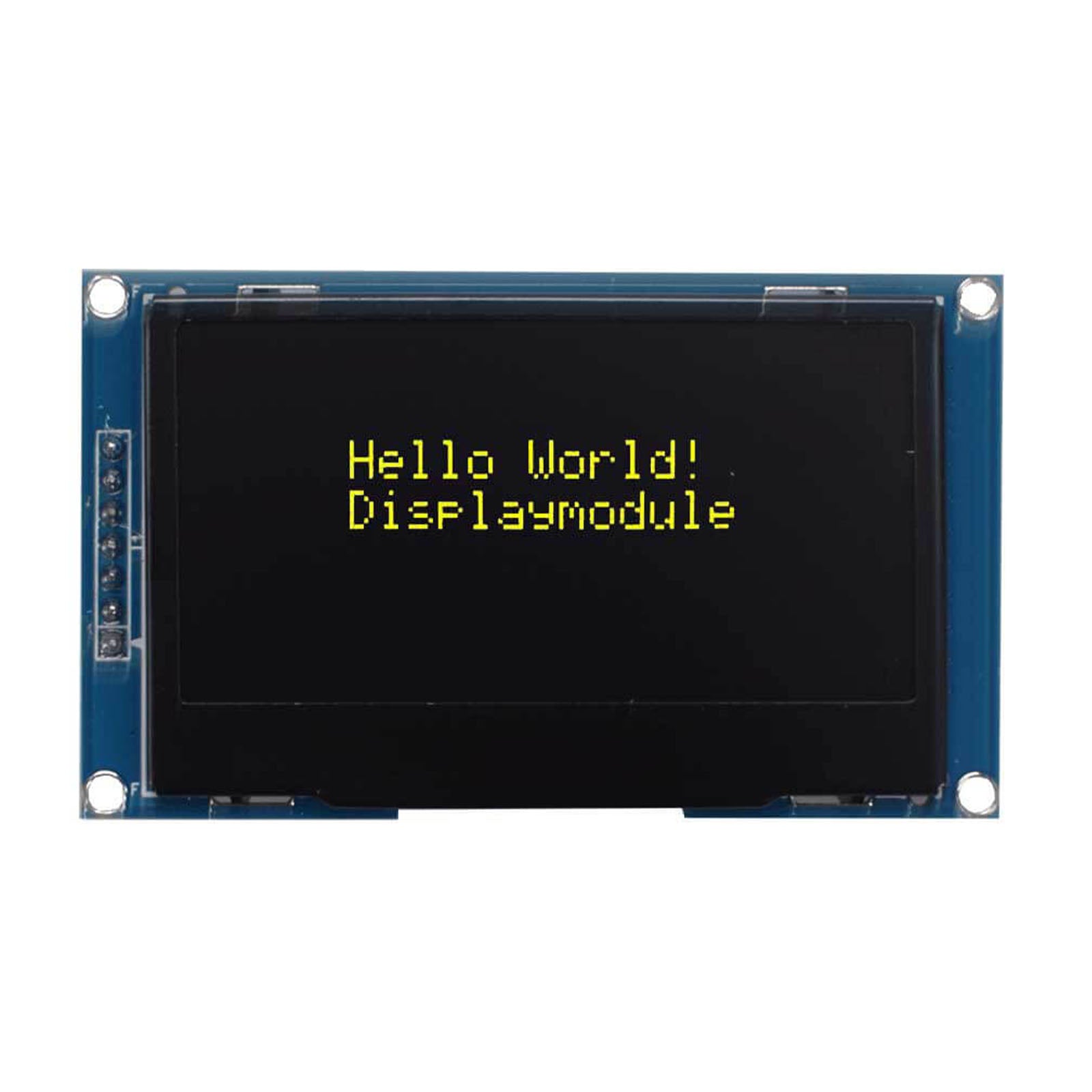 2.4-inch OLED display screen showing the yellow characters 'Hello World! DISPLAYMODULE'