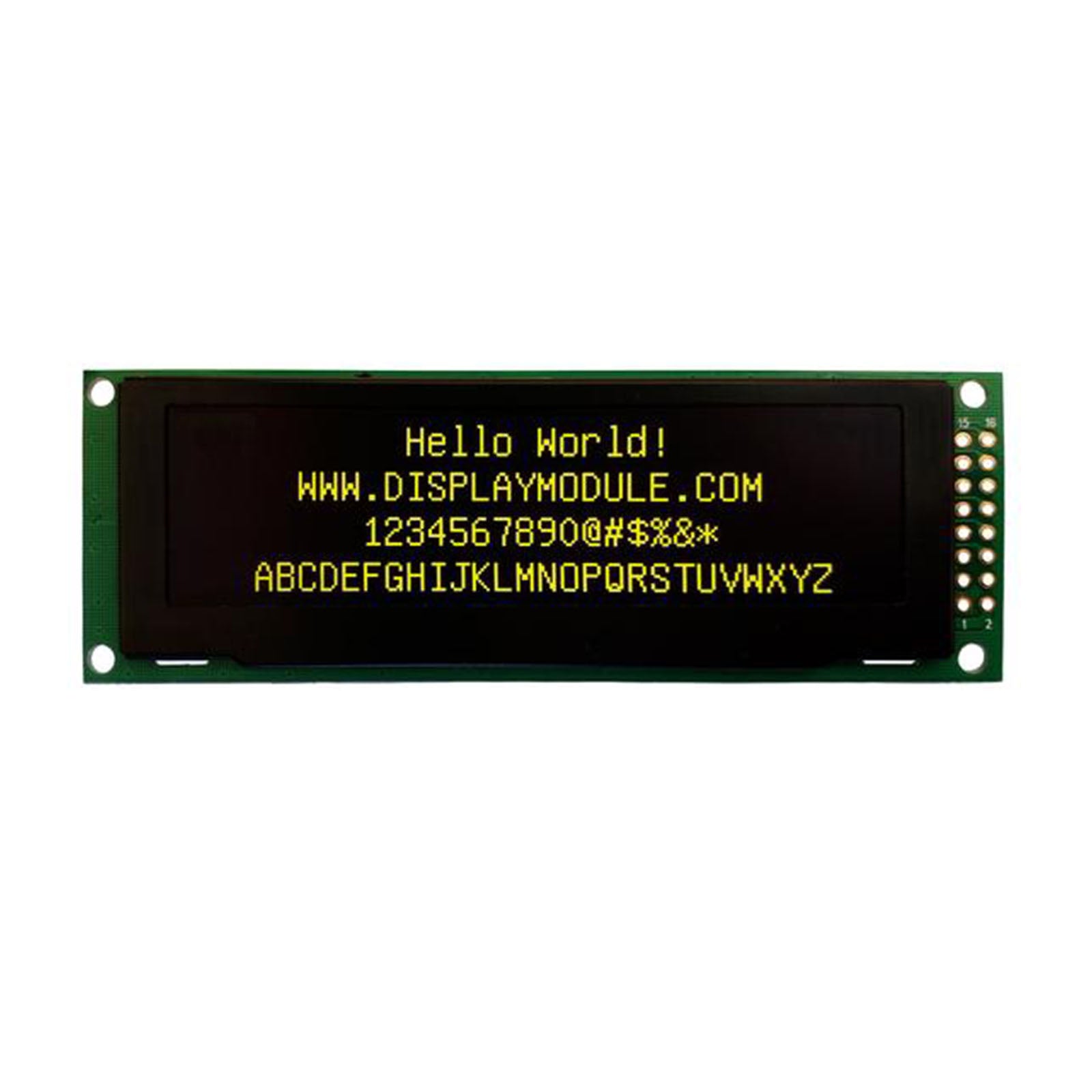 2.8-inch 256x64 monochrome OLED screen displaying yellow characters