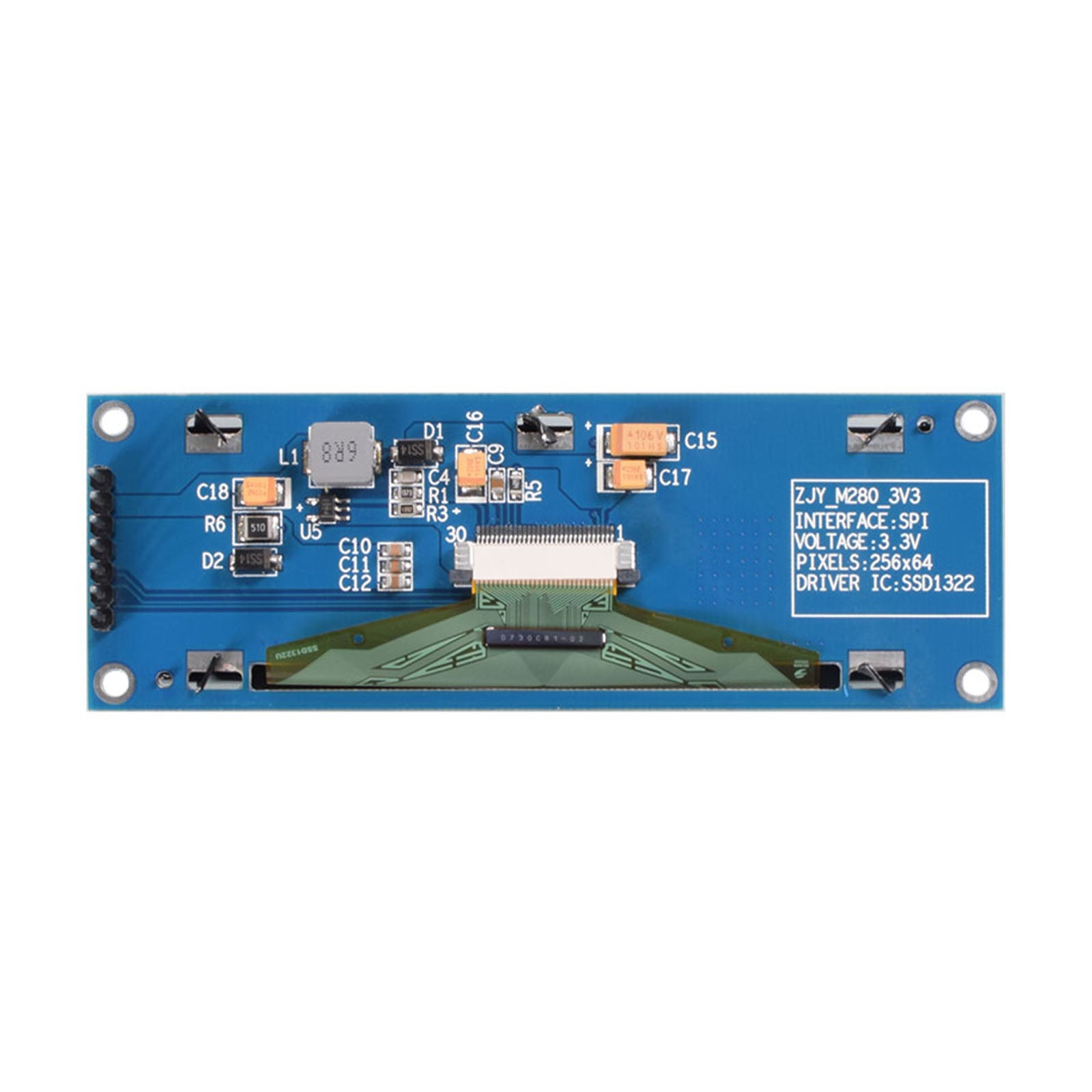 Back of 2.8 inch Monochrome OLED Graphic Display Module with 256x64 resolution, utilizing SPI interface