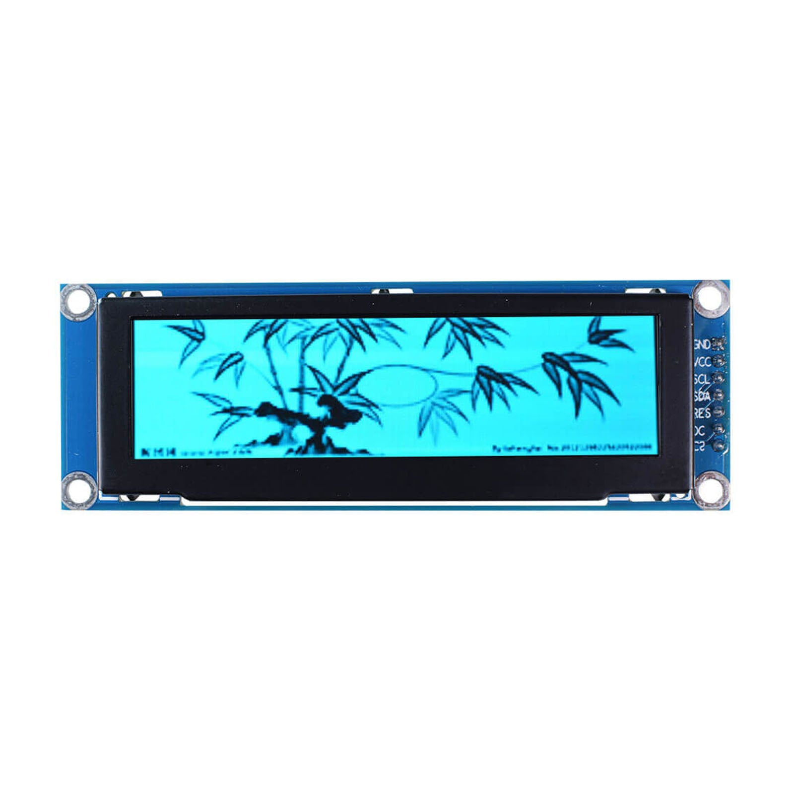Monochrome blue OLED display module showing a Chinese-style bamboo painting