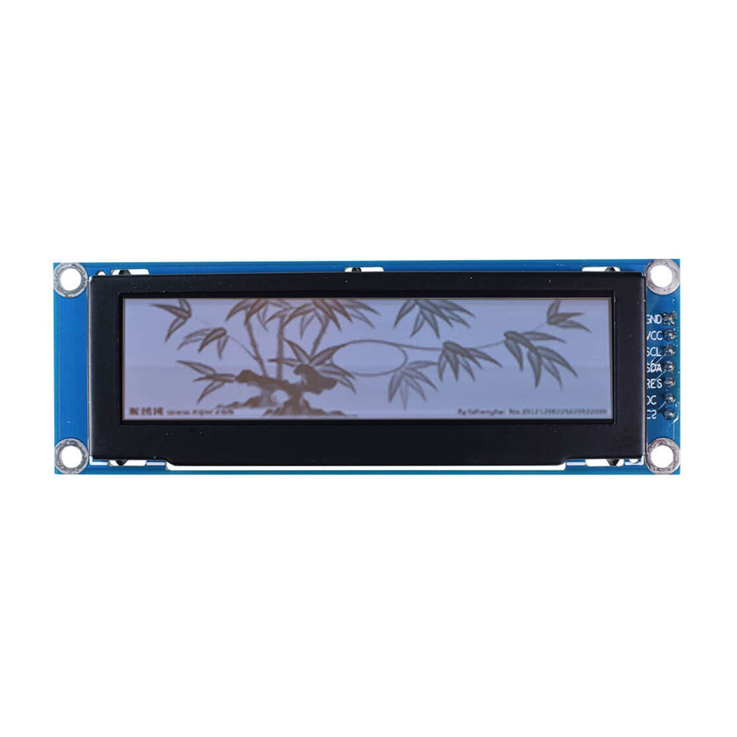 Monochrome gray OLED display module showing a Chinese-style bamboo painting