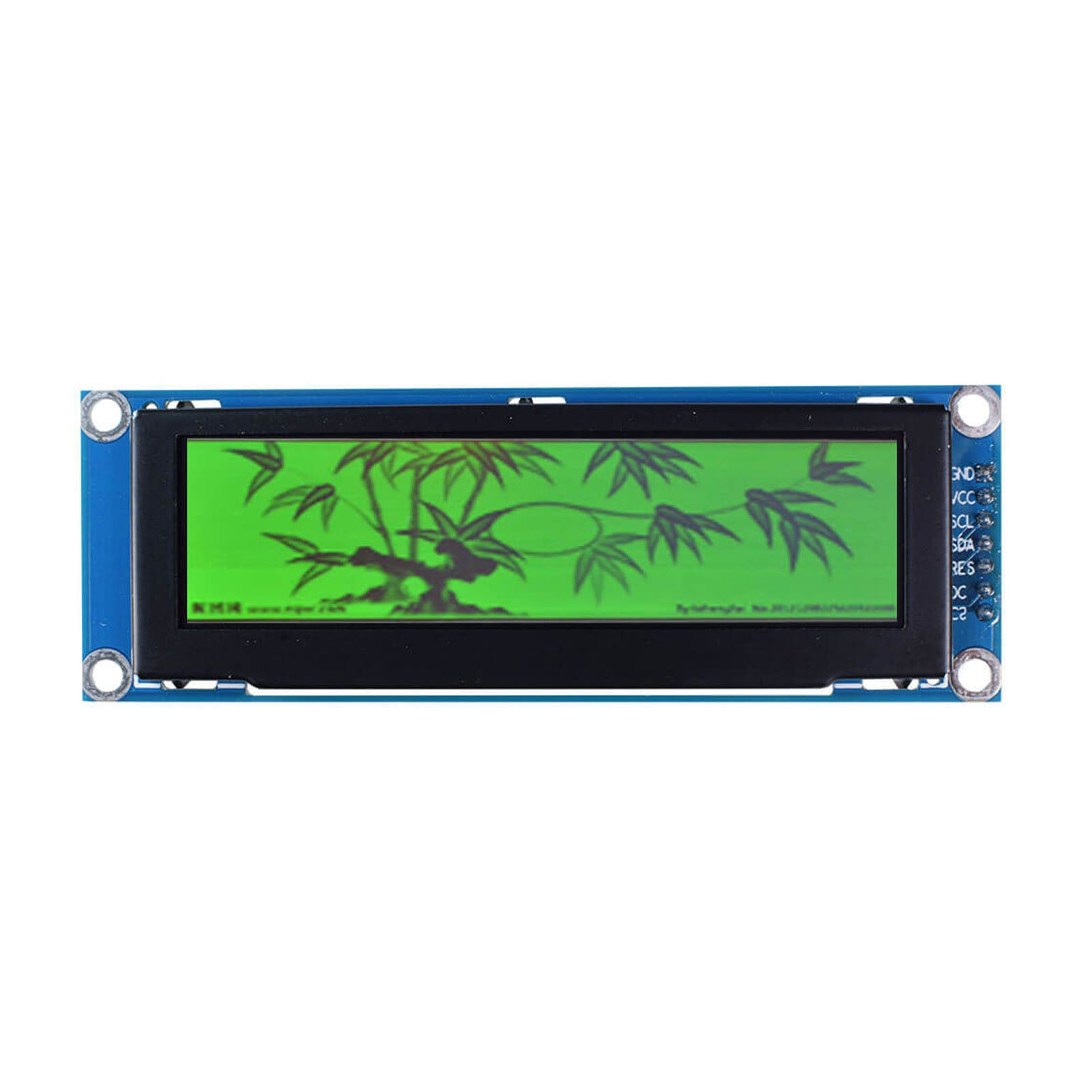 Monochrome green OLED display module showing a Chinese-style bamboo painting
