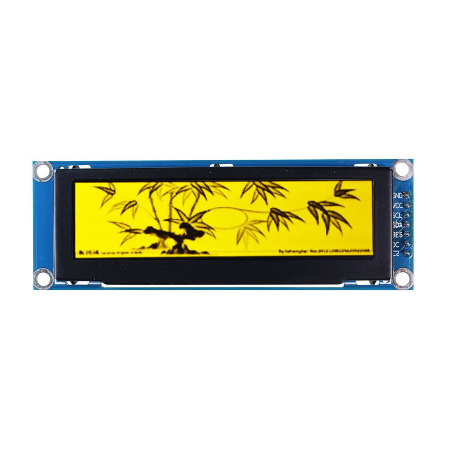 Monochrome yellow OLED display module showing a Chinese-style bamboo painting