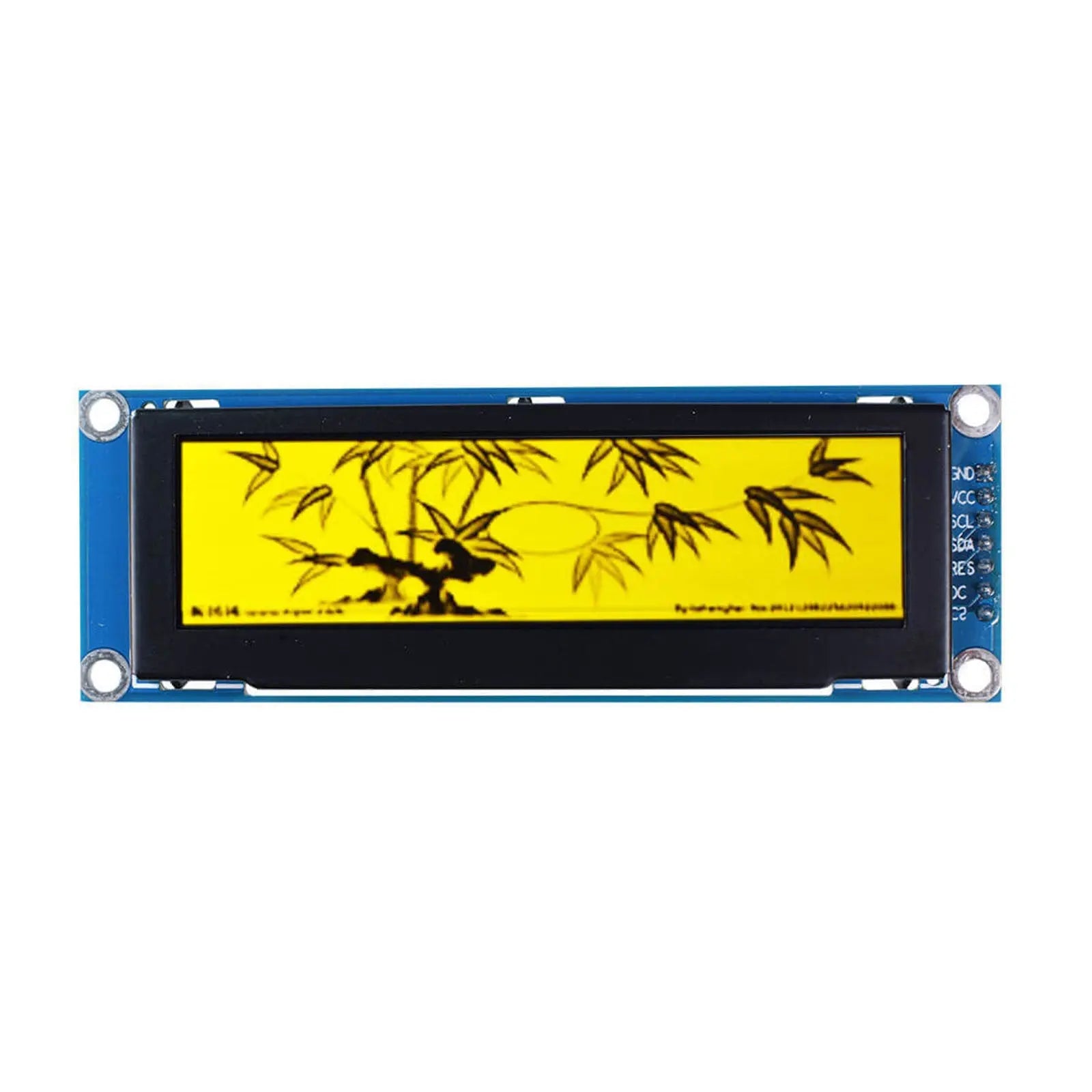 Monochrome yellow OLED display module showing a Chinese-style bamboo painting