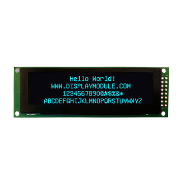 3.2 inch 256x64 blue OLED screen displaying the text 'Hello World!'