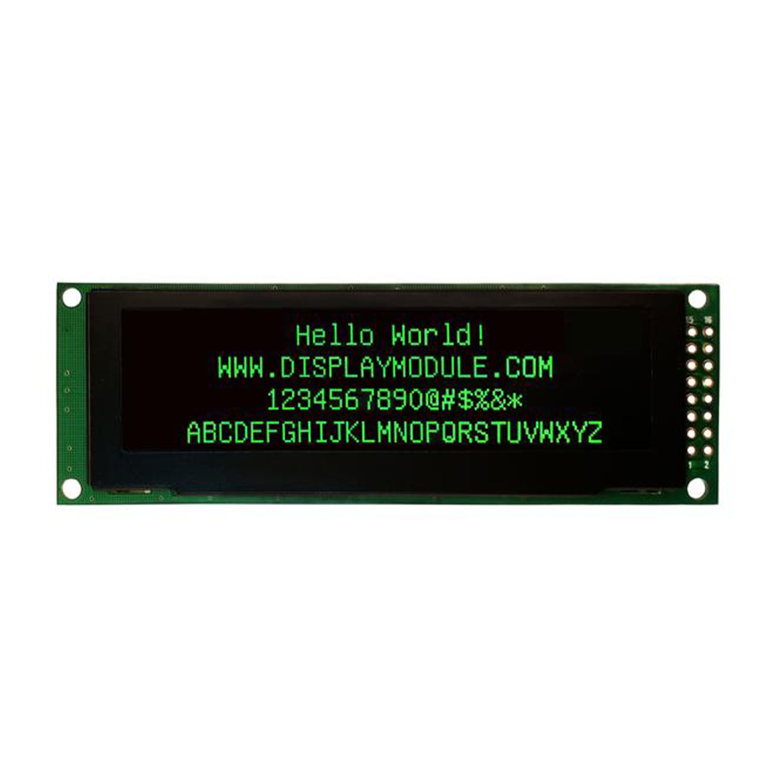3.2 inch 256x64 green OLED screen displaying the text 'Hello World!'