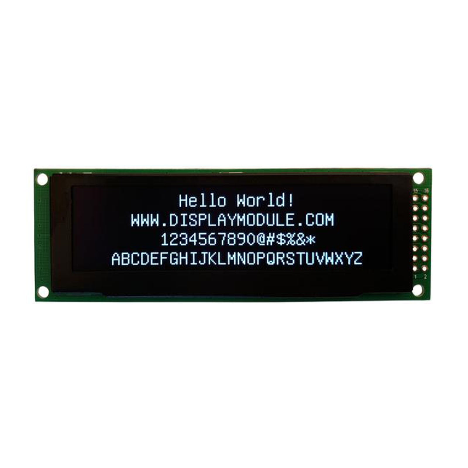 3.2 inch 256x64 white OLED screen displaying the text 'Hello World!'