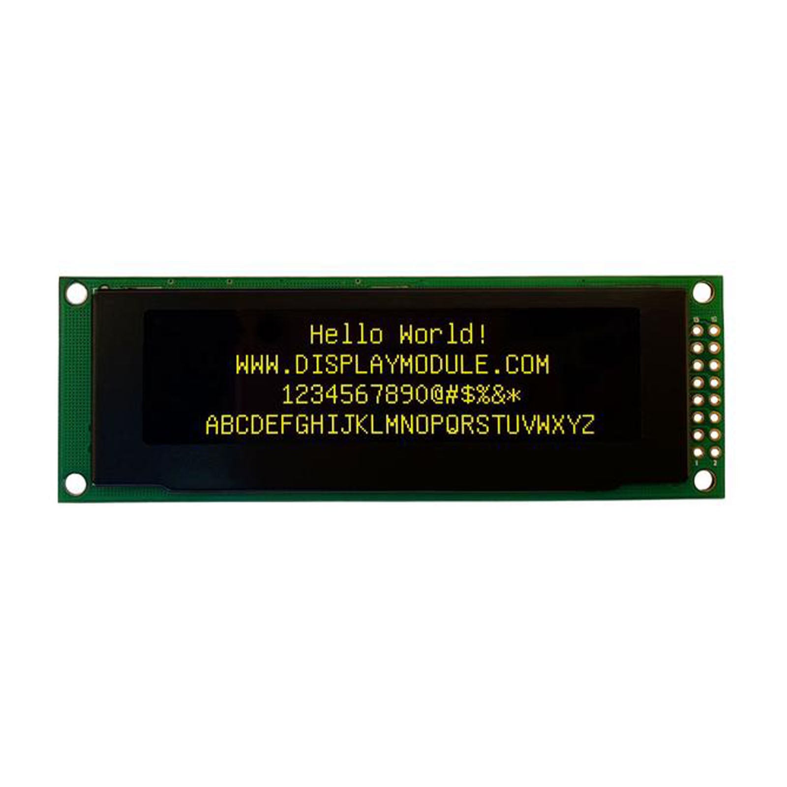 3.2 inch 256x64 yellow OLED screen displaying the text 'Hello World!'