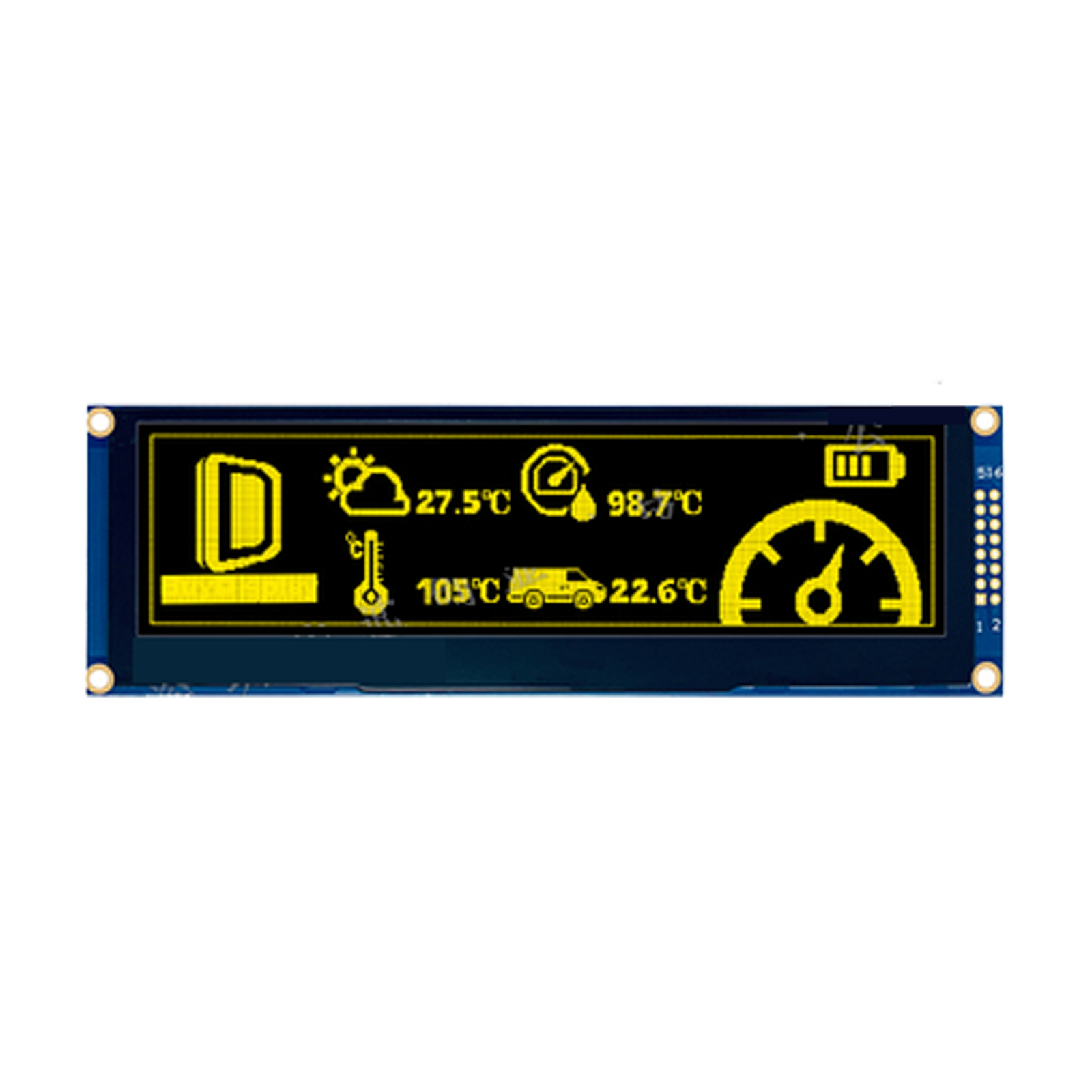 5.5-inch yellow OLED graphic display module with 256x64 resolution, connected via SPI