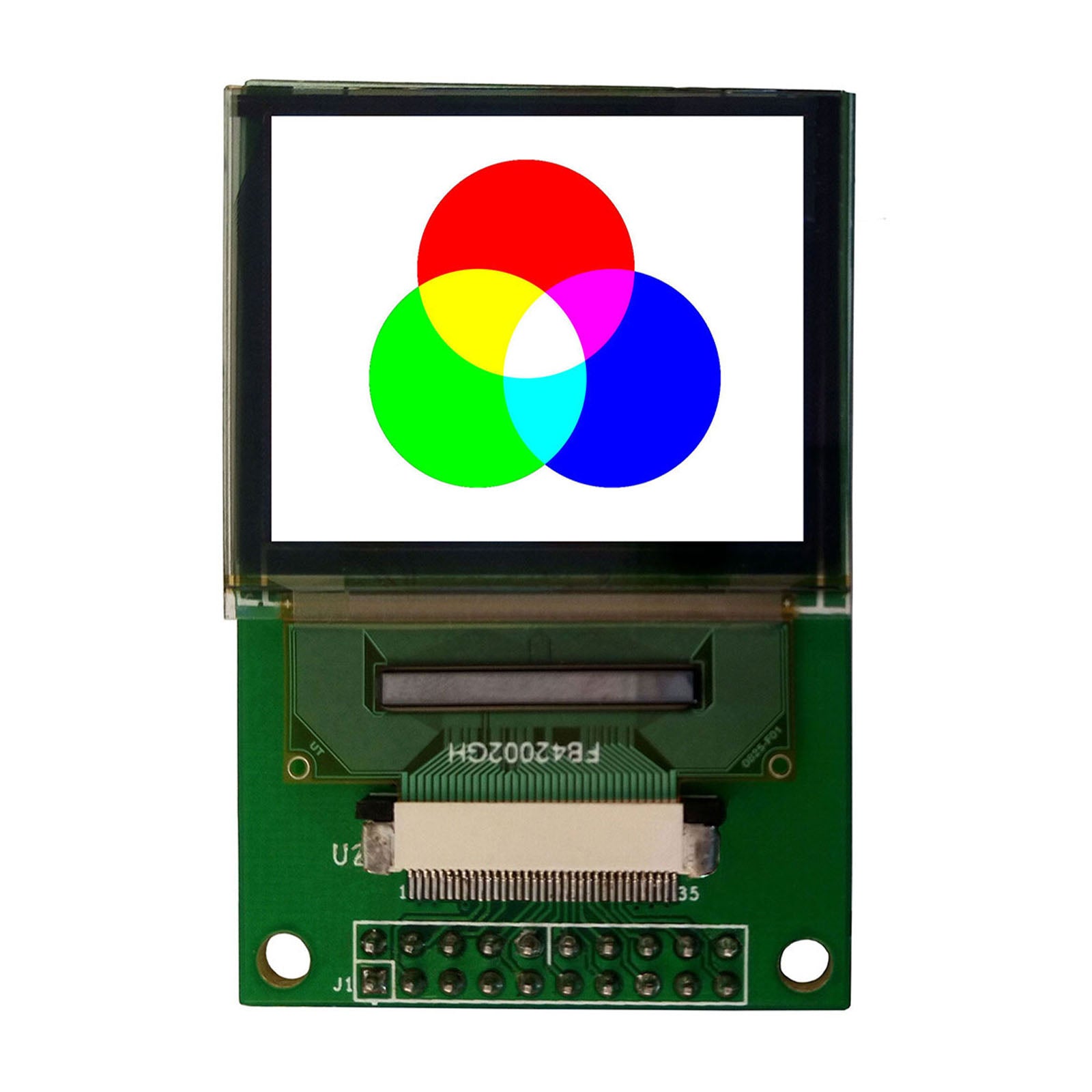1.69-inch OLED image display screen showing the three primary colors: red, yellow, and blue