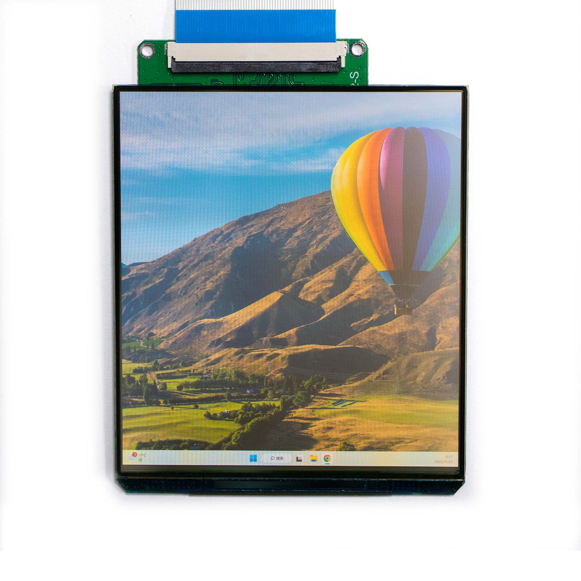 A 3.8-inch amoled screen showing a hot air balloon in a valley