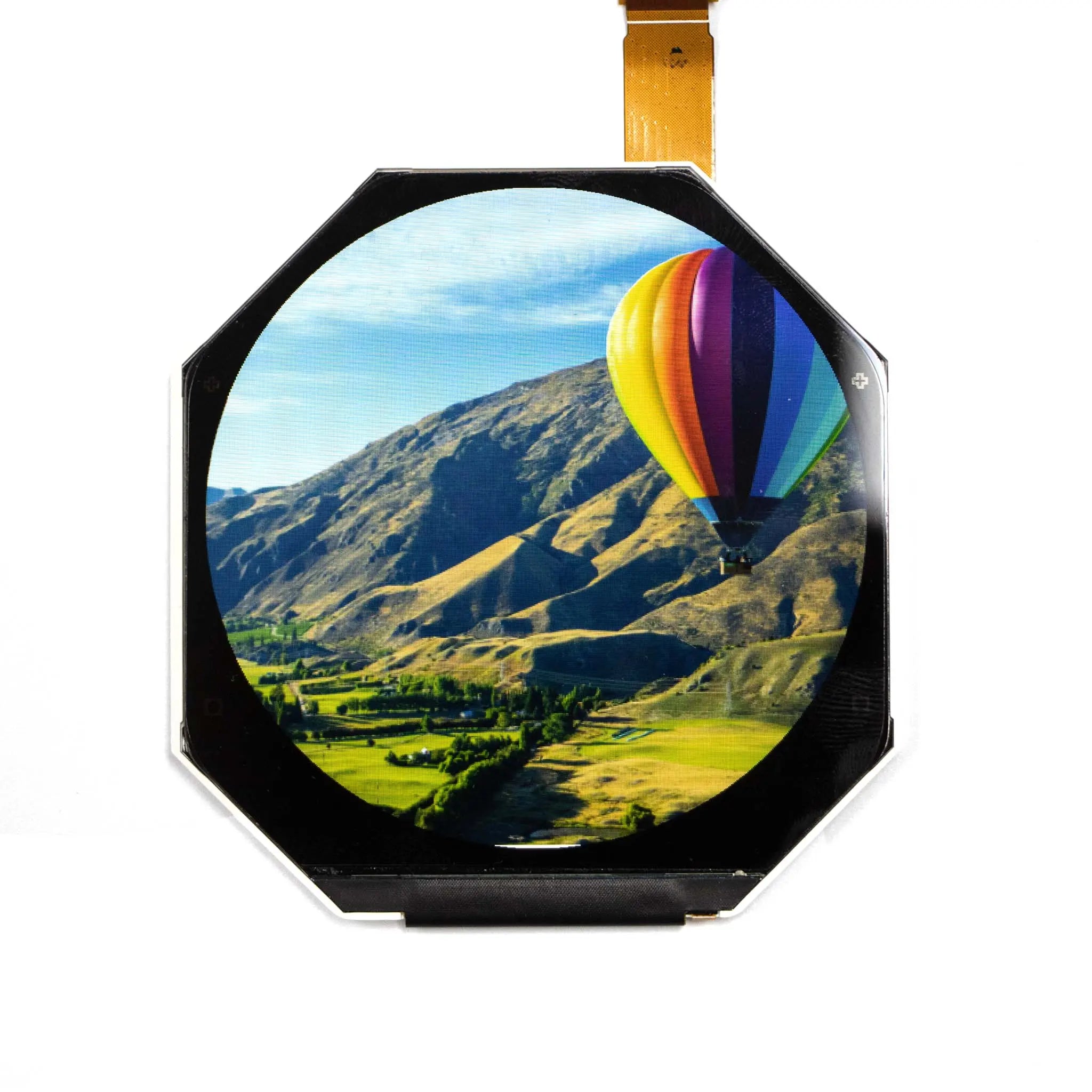 A circular screen displaying a hot air balloon