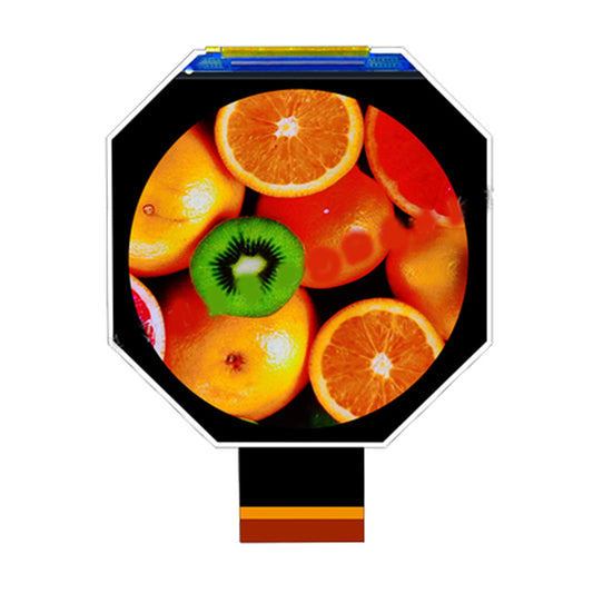 2.47 inch IPS Display Module showing fruits with 480x480 resolution in an octagonal shape, round viewing free from Up/Down/Left/Right, utilizing RGB interface