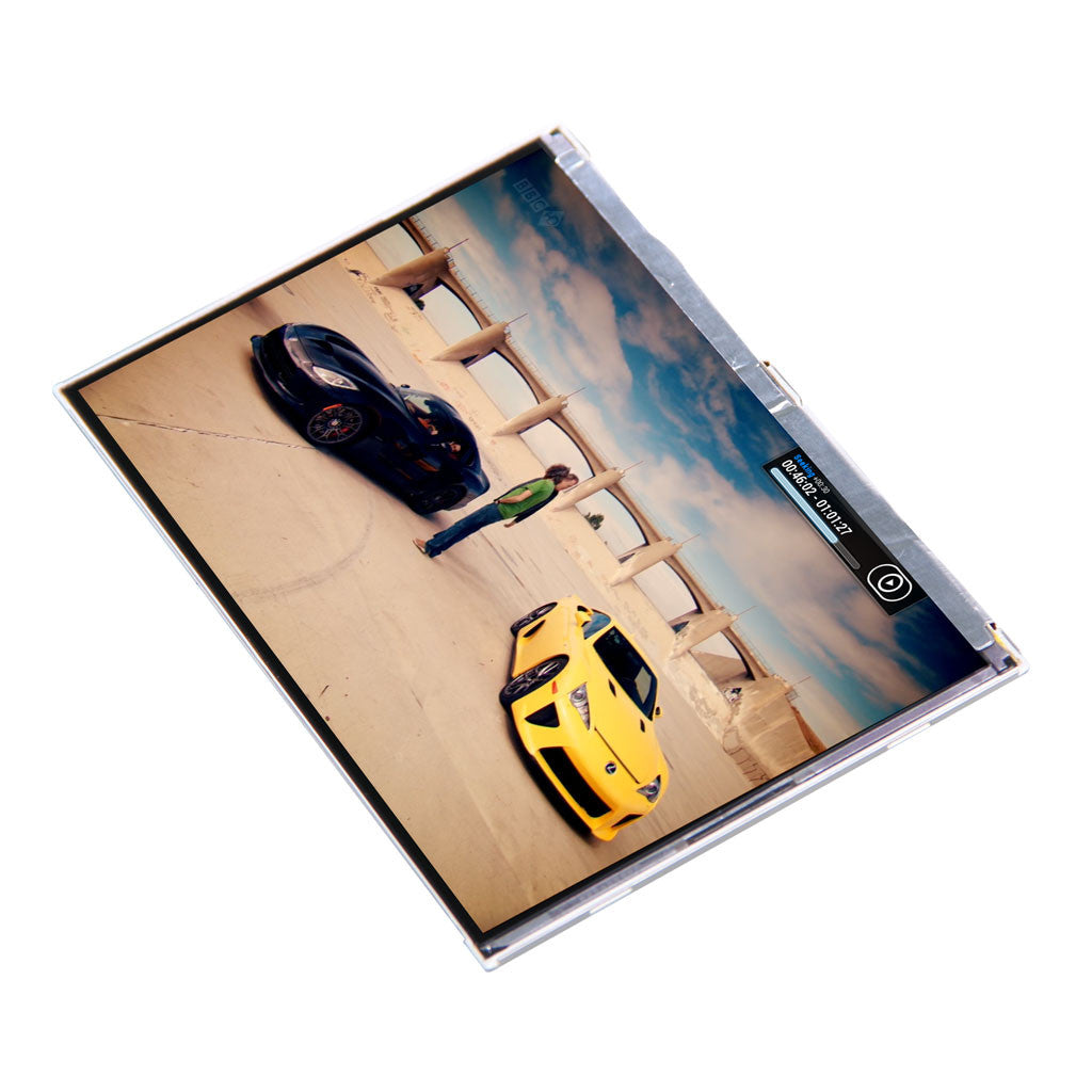 7-inch IPS screen showing a yellow sports car and a black sports car