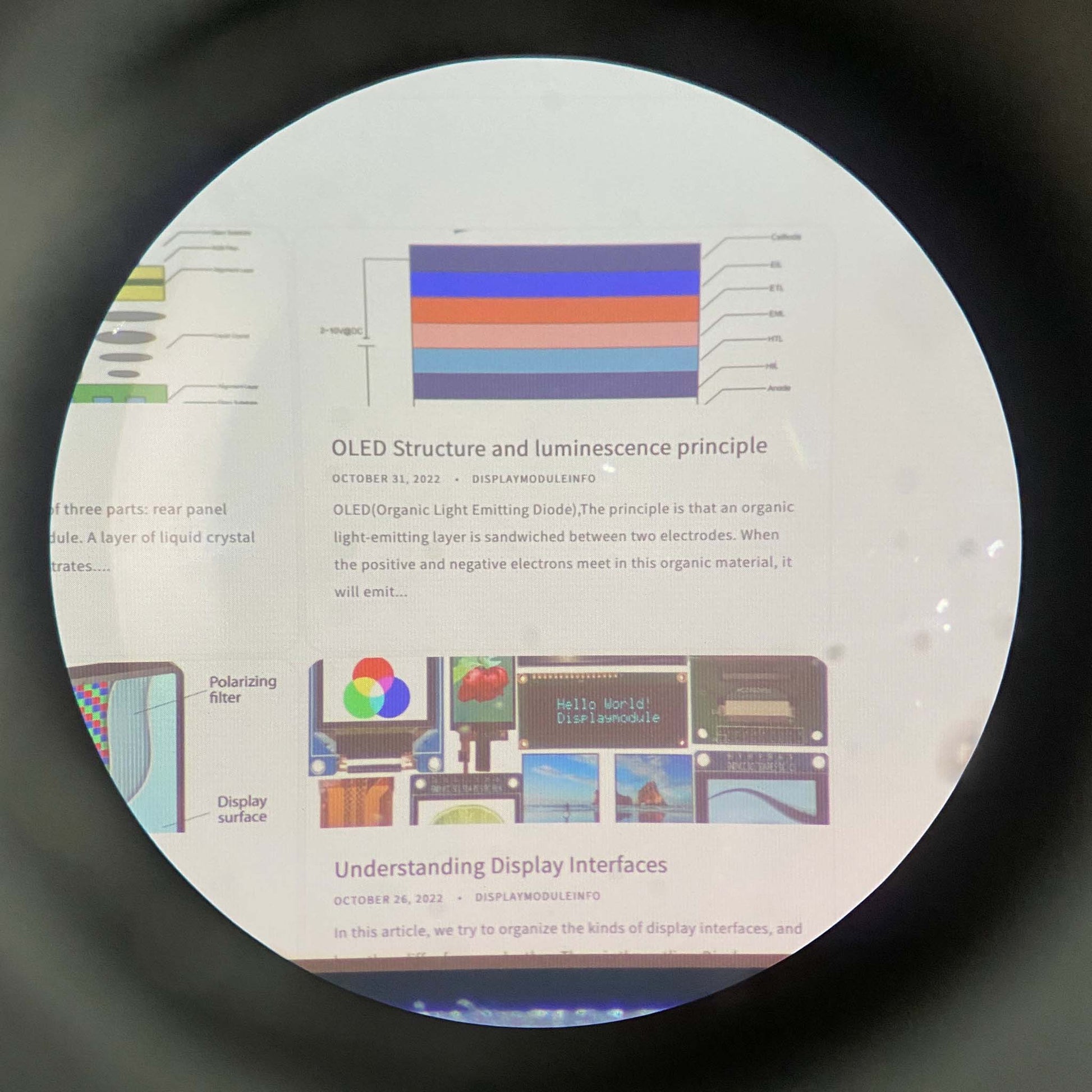 Micro OLED display under high magnification of a microscope